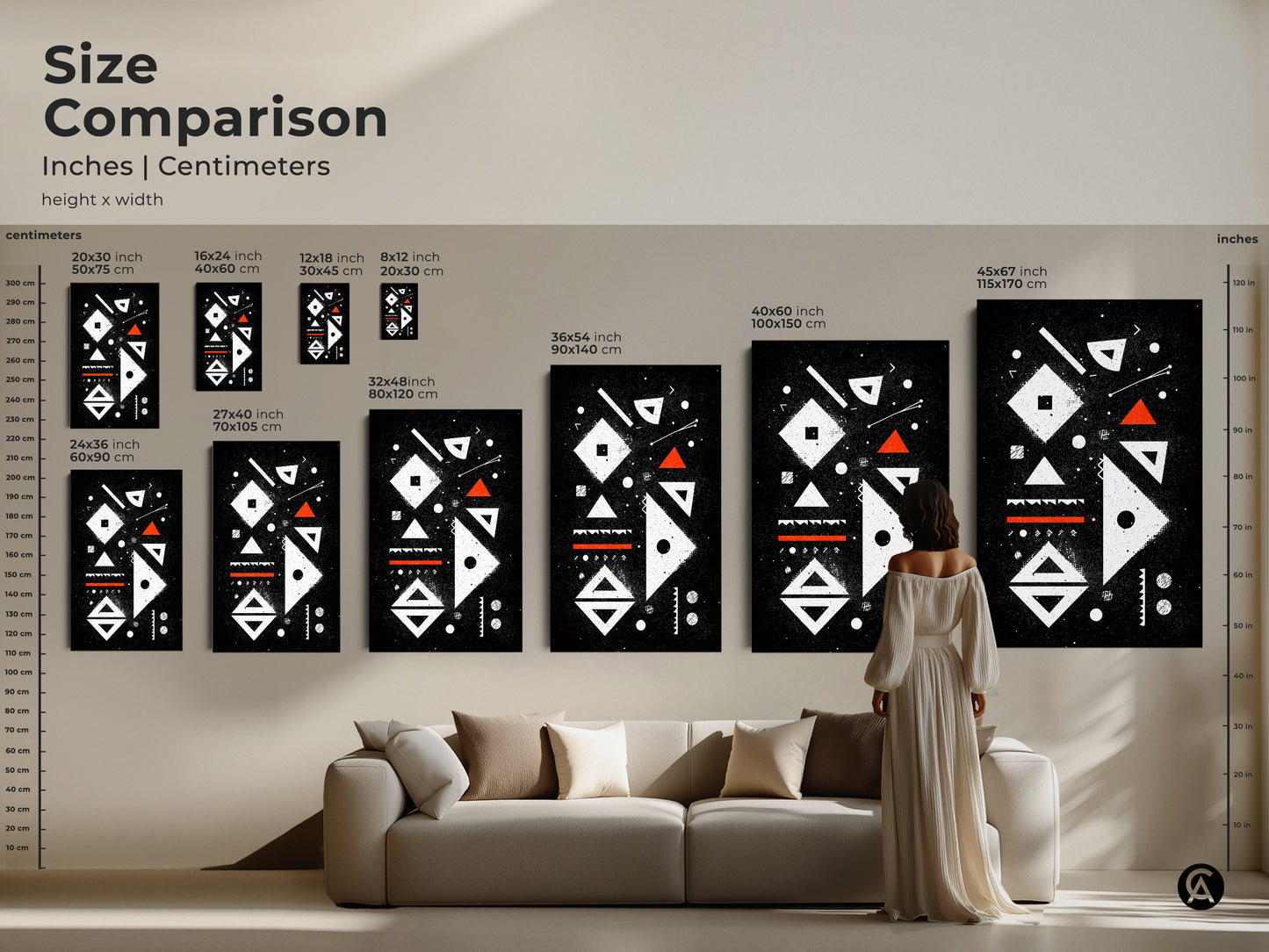 Size comparison featuring abstract geometric artwork in inches and centimeters. See the range of available art prints. The mid-century modern design is perfect for creating a Bauhaus-inspired minimalist decor in any studio or office space.