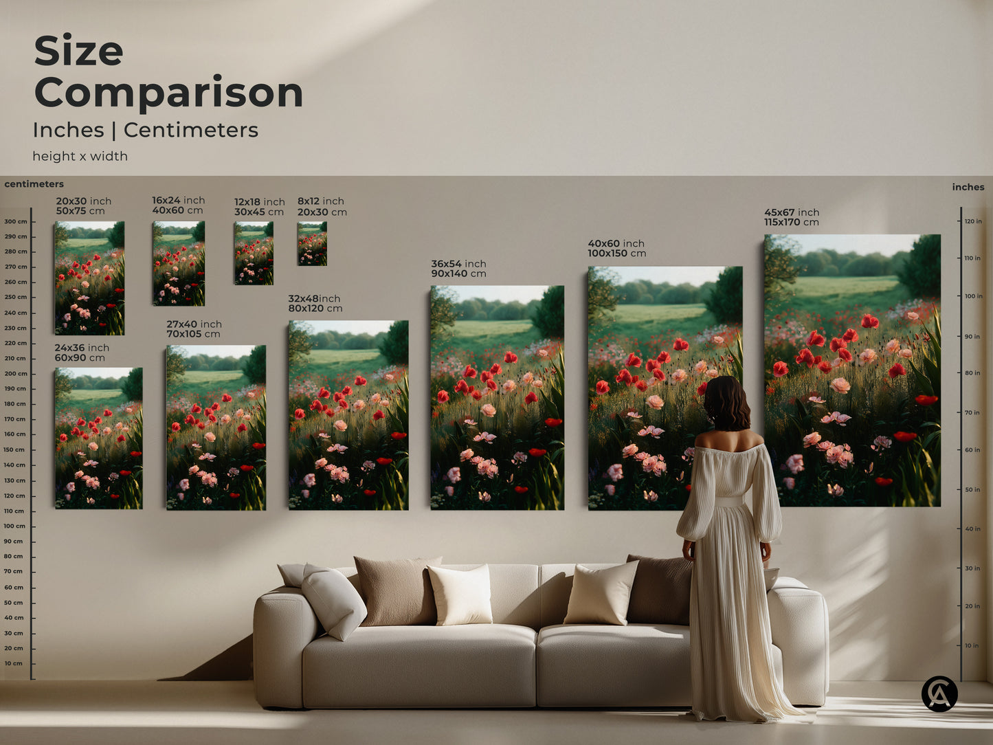 Size comparison of poppy field prints in inches and centimeters. See how the artwork looks above a sofa to gauge the ideal size for your living space. Available in various dimensions to suit your boho home decor needs.