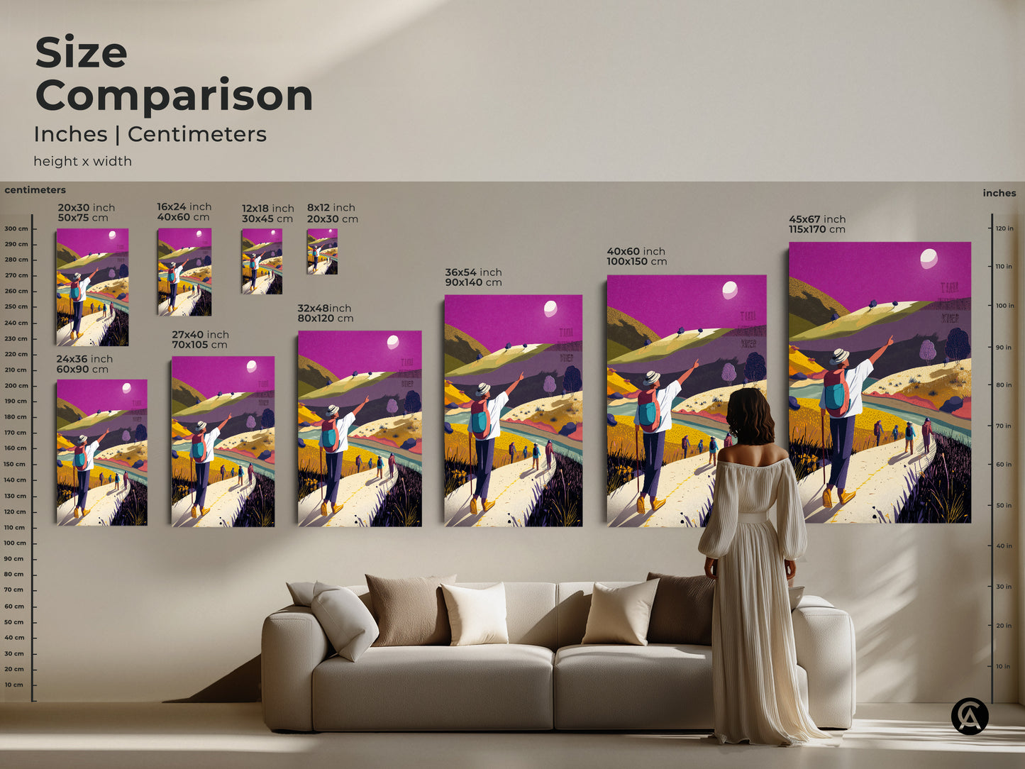 Size comparison of flat art adventure prints. A woman stands near a couch to display the artwork. Various sizes of the boho mountain wall art are shown. Find the perfect yellow green purple artwork size.