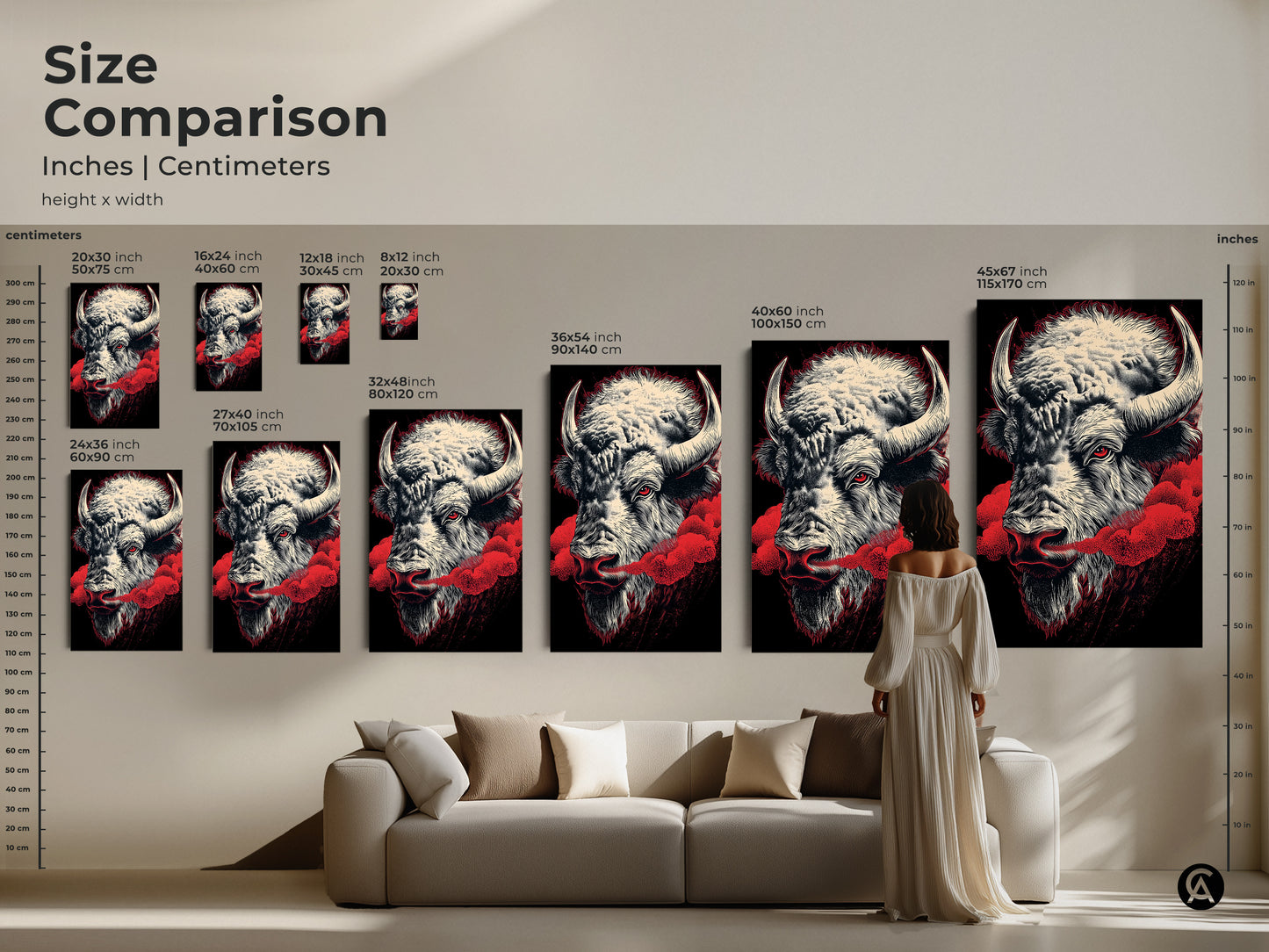 Size comparison of buffalo canvas prints in a living room setting. Visualize the scale of each artwork above a sofa. Ranging from small 8x12 to large 45x67 inches. These modern prints with red accents fit any decor. Transform your space with bison wall art.