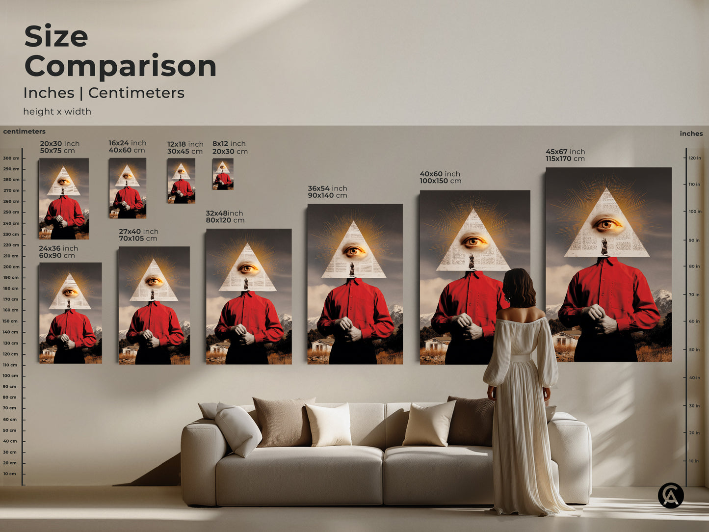 Size comparison showcasing inches and centimeters for collage art prints. The surreal eye mountain collage art displayed in different sizes. Visualize the perfect fit for any room from small to large. See canvas and poster options for eclectic decor.