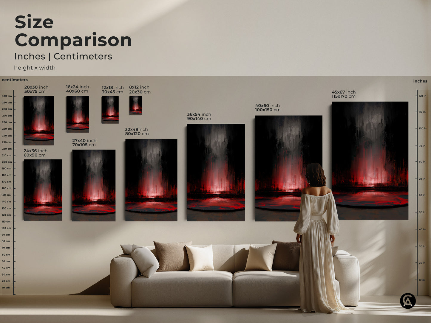Size comparison of modern abstract canvas prints and posters. This chart showcases dark grey and crimson artwork in various dimensions. It ranges from 8x12 inches to 45x67 inches. See how this textured art fits above furniture. Perfect for planning your contemporary art arrangement.