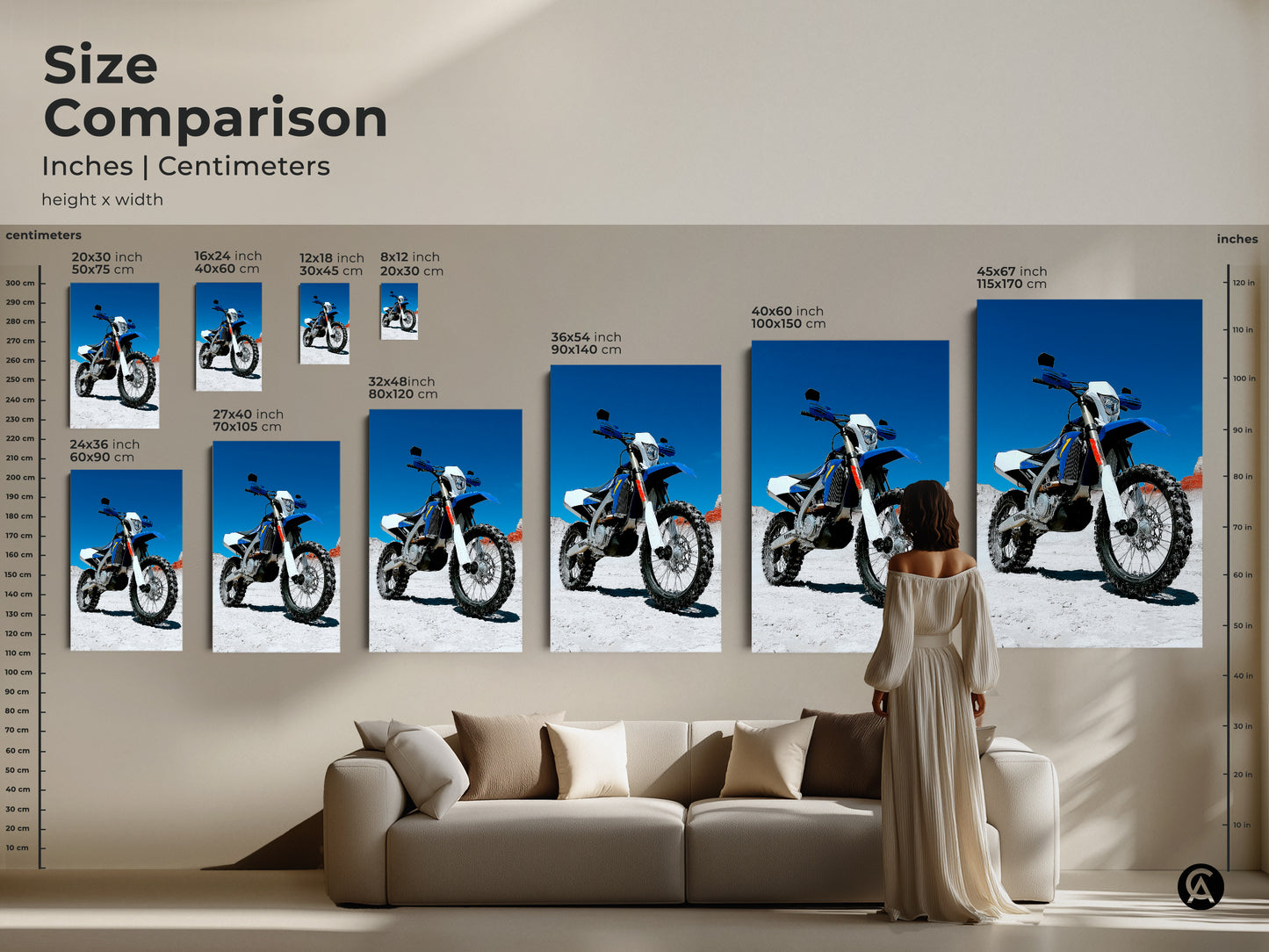 Size comparison showcasing blue white dirt bike canvas prints. Visualize the artwork in different sizes for wall art decor. This motocross motorcycle art suits any space. Find the perfect fit for your garage or man cave.