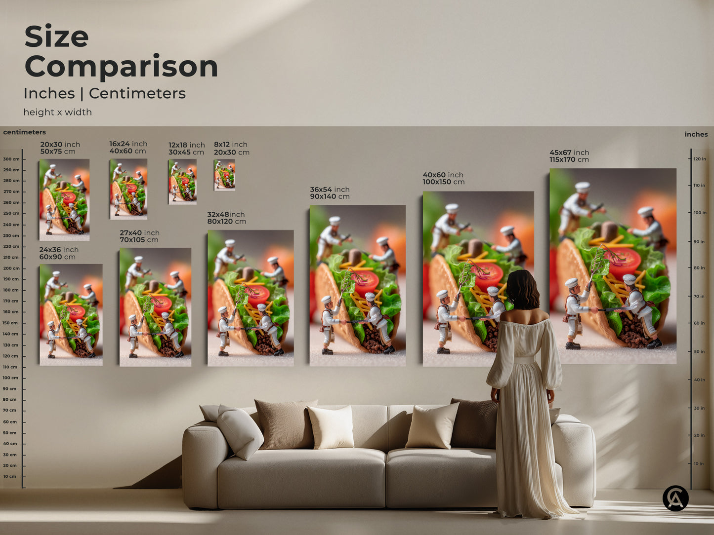 Size comparison of culinary art prints. See how the miniature chefs preparing a taco artwork looks in various dimensions. Perfect for planning your art purchase. Choose from multiple sizes and formats to fit your decor.