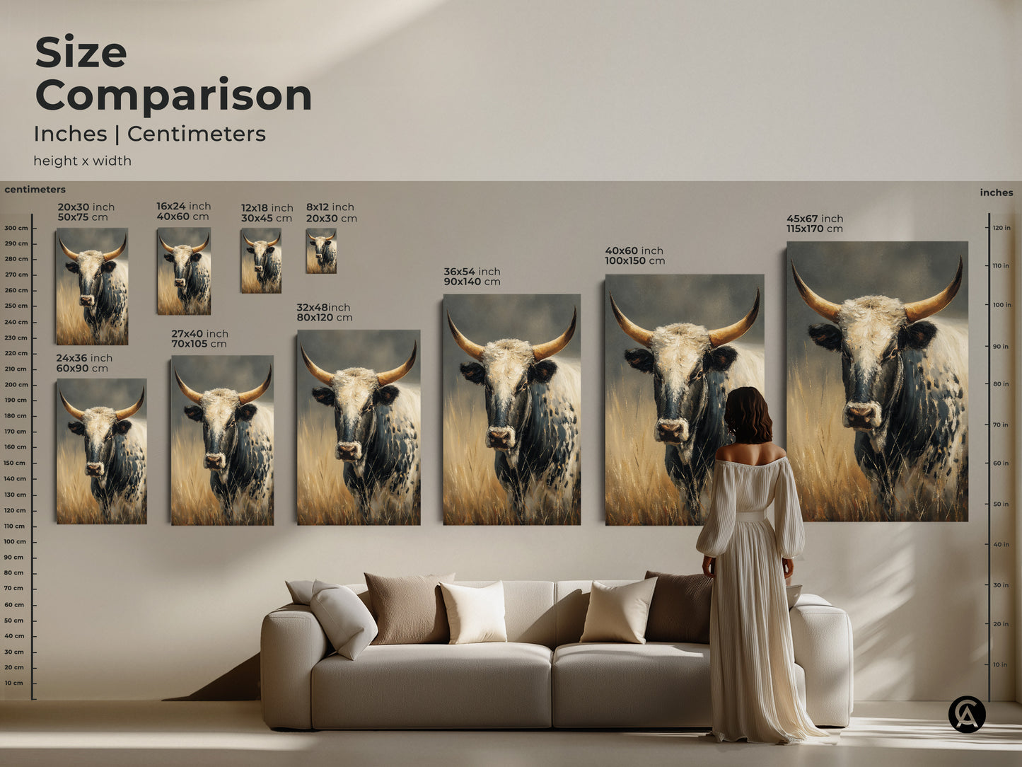 Size comparison of the Longhorn Cow artwork in inches and centimeters. Various sizes available from small to extra-large. This black and white cow art is ideal for farmhouse decor or as a western home decor gift.