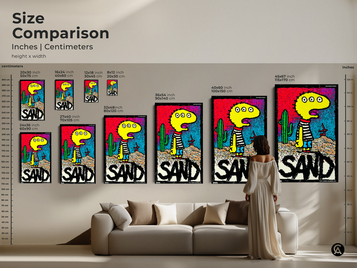 Size comparison of a playful artwork featuring a three-eyed character in a desert setting. See how the art looks in various sizes compared to a sofa and a person. Find the perfect scale for your space. Shop art prints and canvas art online.