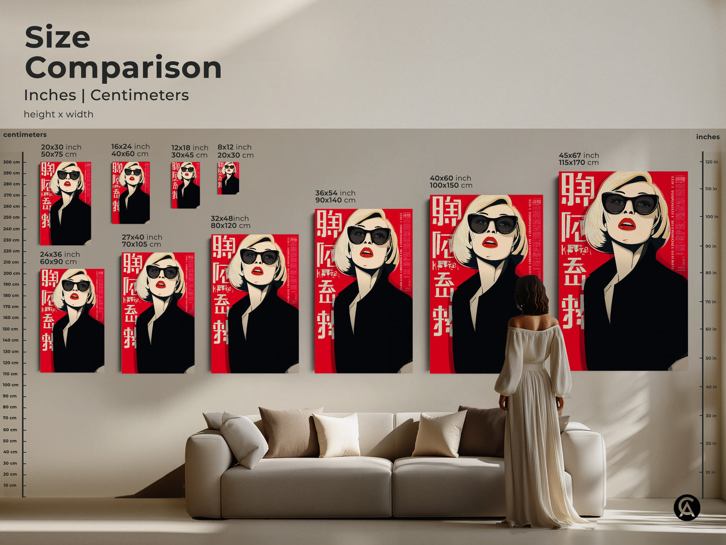 Size comparison of the pop art woman print in inches and centimeters. See how this retro fashion portrait fits in different spaces. Plan your wall art with this contemporary lady artwork.