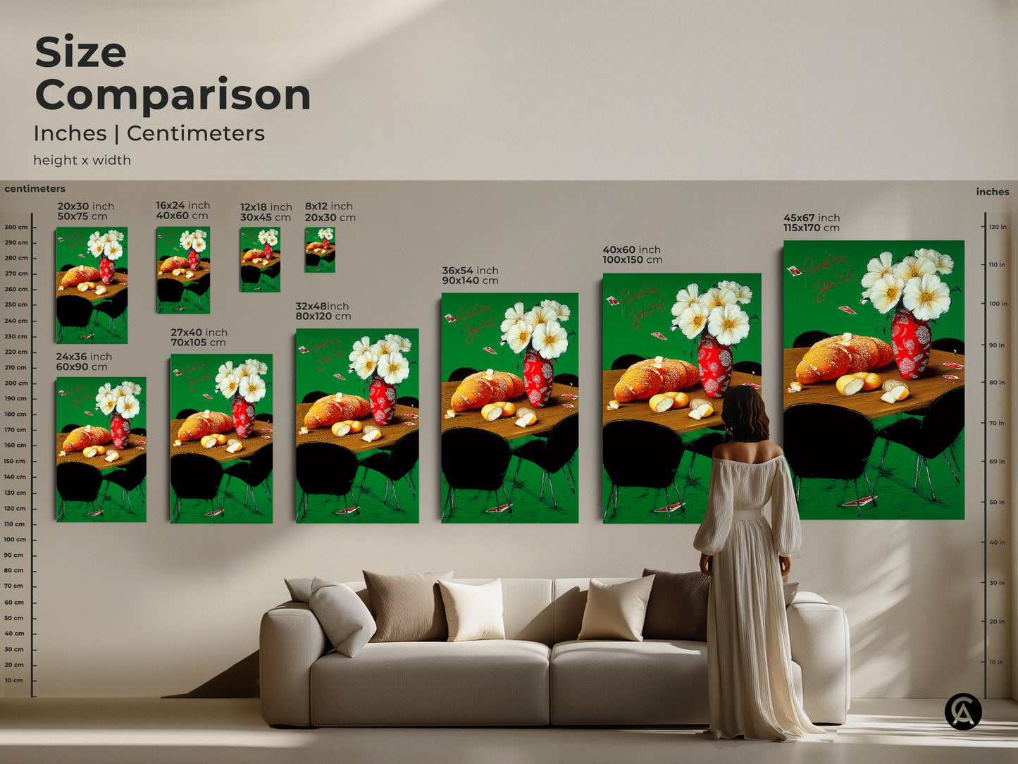 A size comparison of the French bakery still life art in inches and centimeters. The artwork with bread flowers and playing cards is available in various sizes. Unique wall art for your home.