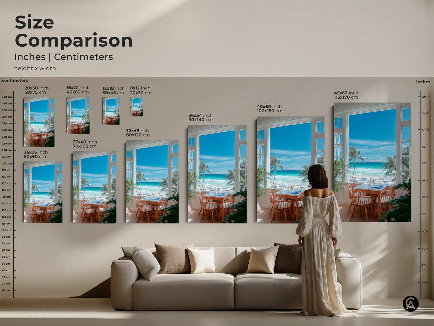 Size comparison of beach view artwork in inches and centimeters. See how different sizes fit above a sofa. Available as canvas and poster prints. Choose from various dimensions to suit your space. Transform your living room with this stunning coastal art.