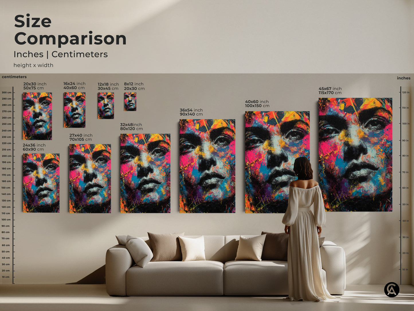 Size comparison of canvas and poster prints. Visualize how different sizes look in a living room. The colorful face portrait art is shown in various dimensions. Find the ideal size for your space. Transform your home today.