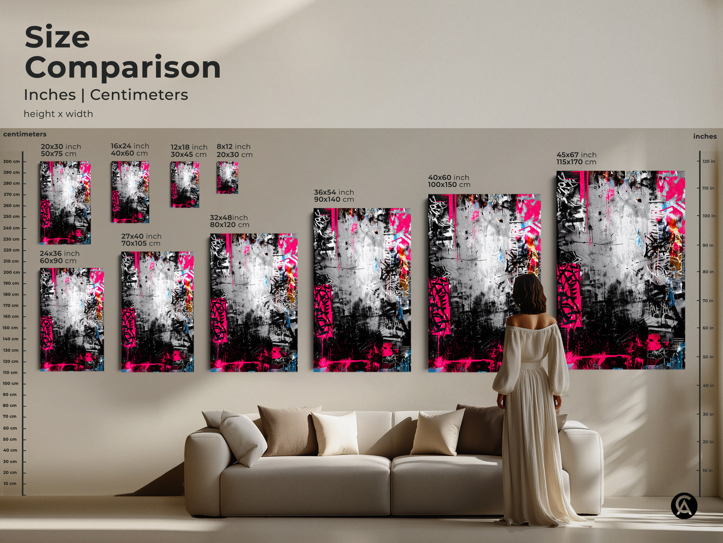 Size comparison of graffiti art prints and canvases. Visualize how different sizes fit in your living space. Choose from a range of sizes to find the ideal piece for your home decor a perfect canvas art or poster.
