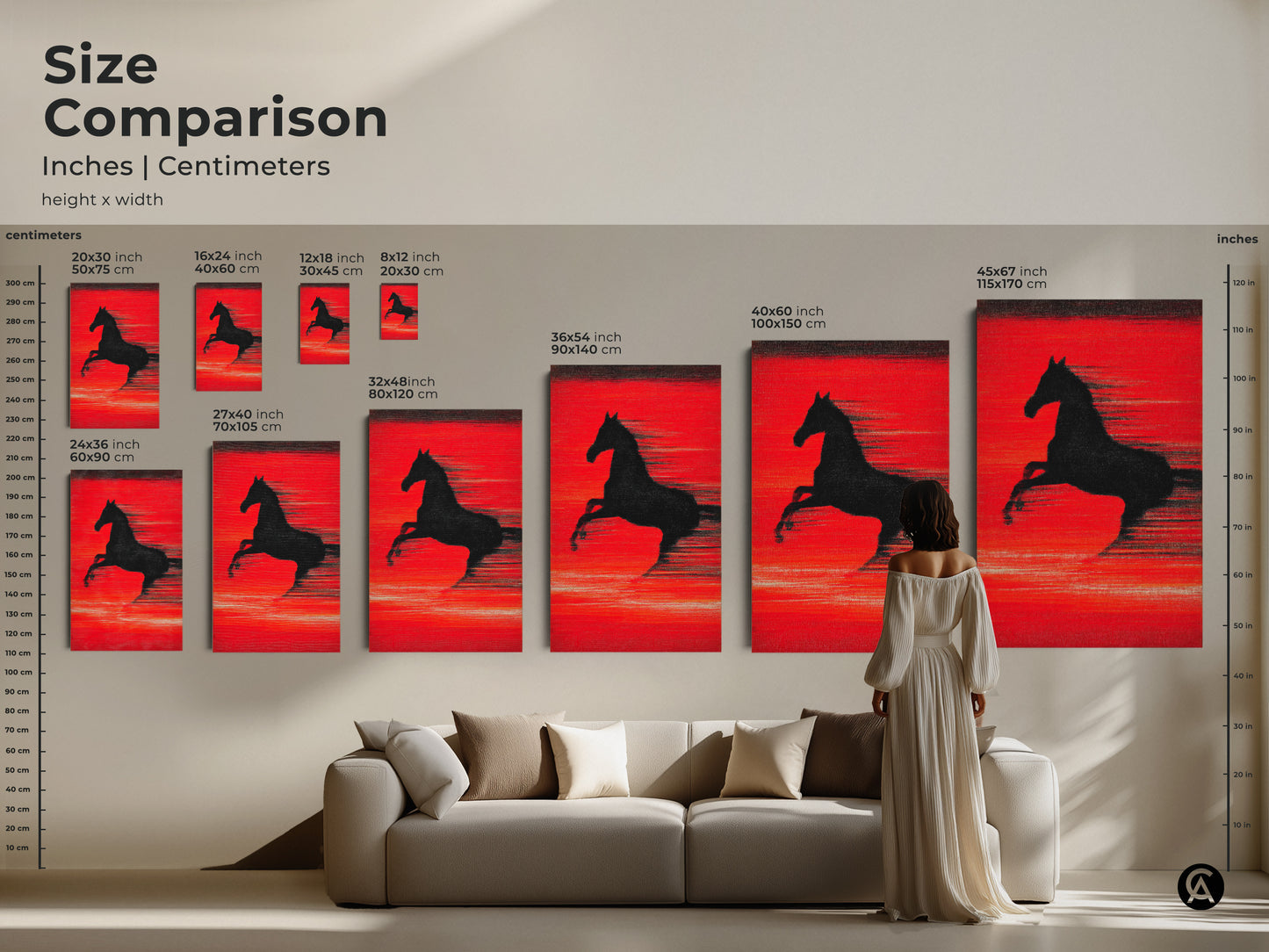 Size comparison of the abstract crimson horse art in inches and centimeters. See how the art fits above a sofa. Multiple sizes of the canvas and poster prints are displayed. Ideal for visualizing the art in your living room or office space.