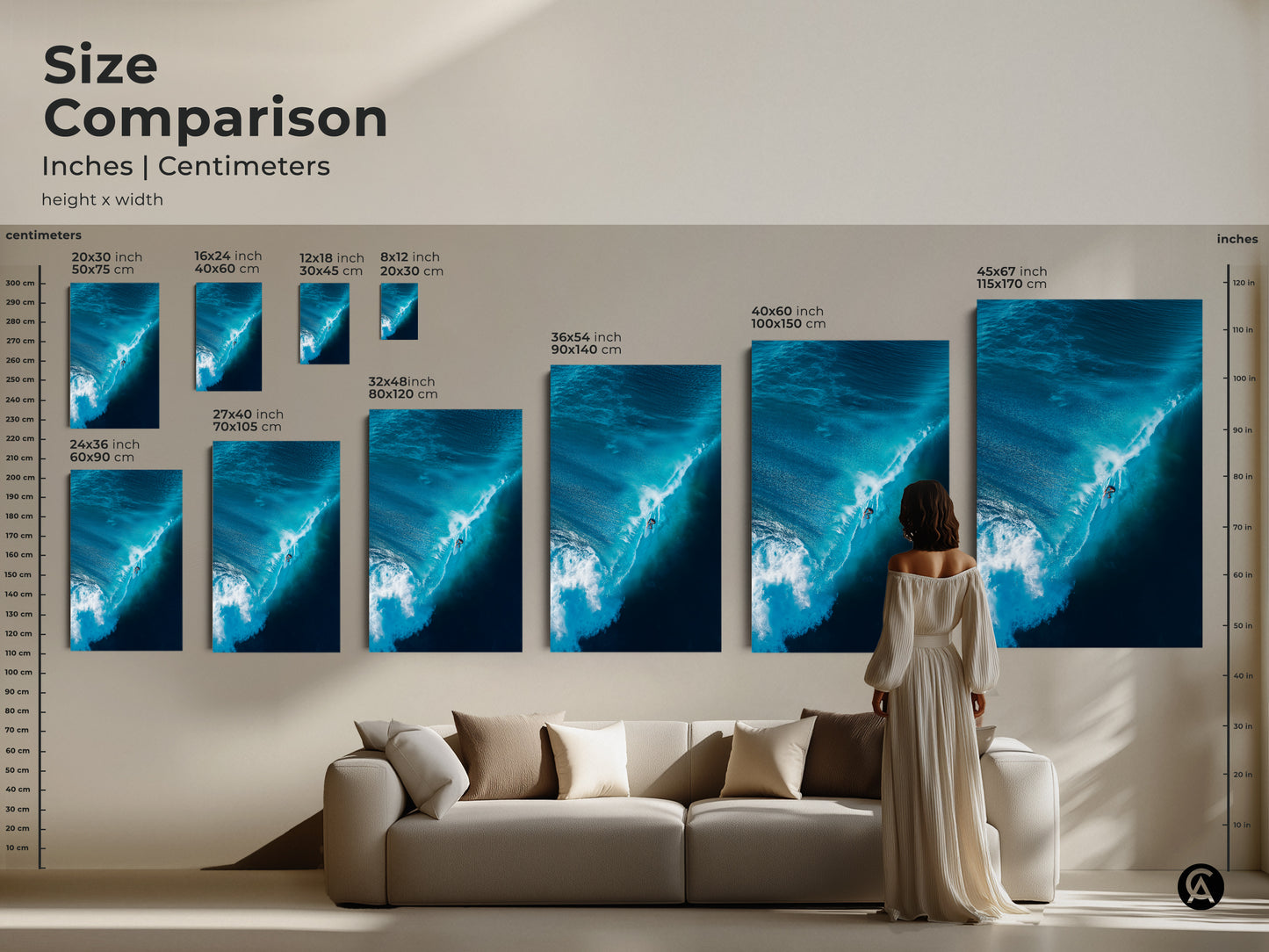 Compare sizes of the surfer riding a blue wave artwork. See how each piece fits above a sofa. Available in various dimensions. This canvas and poster art enhances your living space. Discover the perfect wave art size for your home now