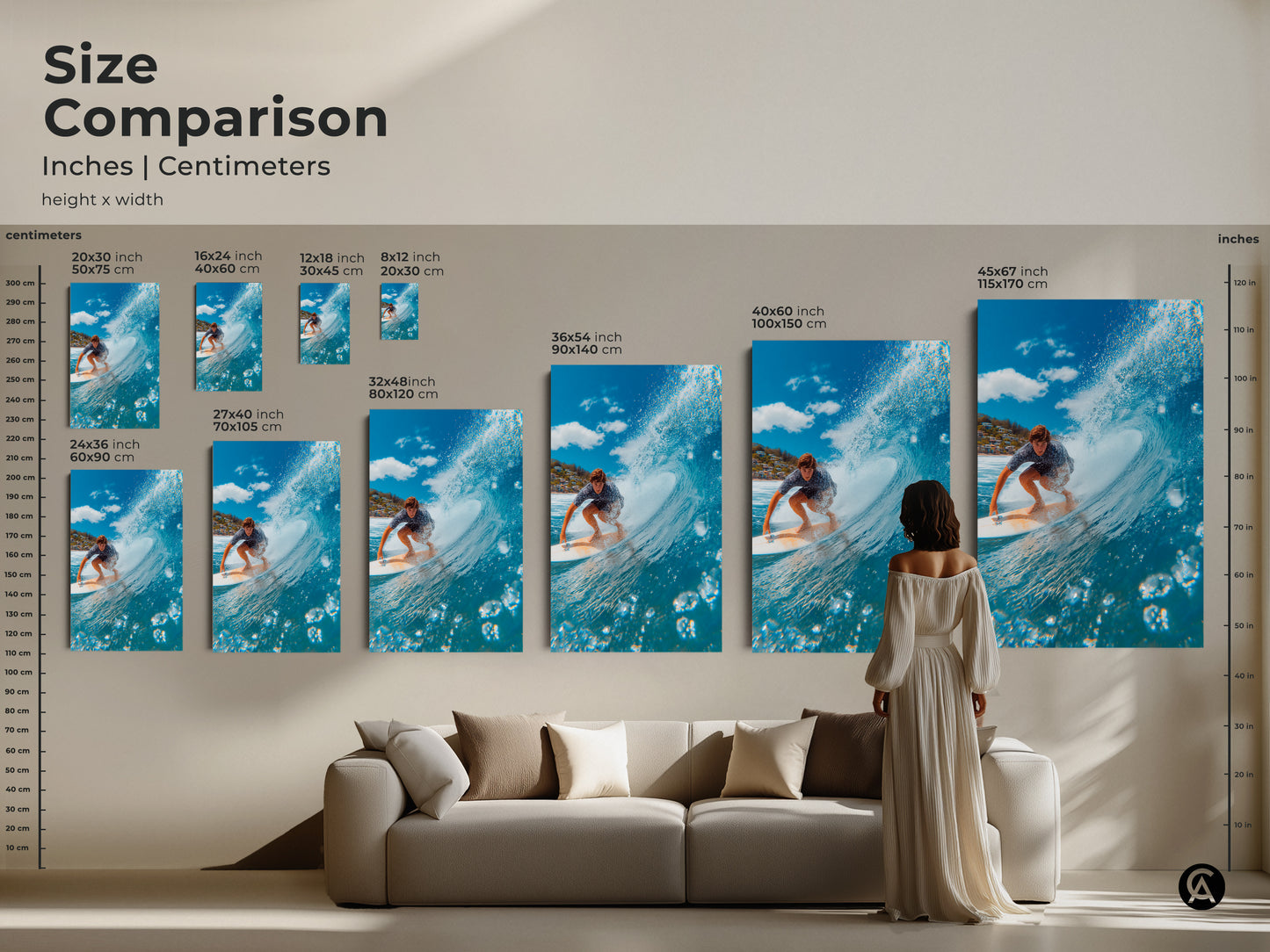 Size comparison of surfing artwork. See the art in a living room setting. Canvas and poster prints are available in multiple sizes. Find the perfect size for your space. High-quality surfing prints for any room