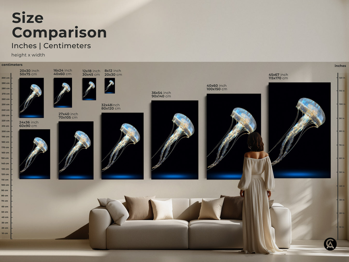 Size comparison of abstract jellyfish art prints. See various sizes in inches and centimeters. Visualize the artwork above a sofa for scale. Find the perfect size for your contemporary bedroom art. Enhance your space today.