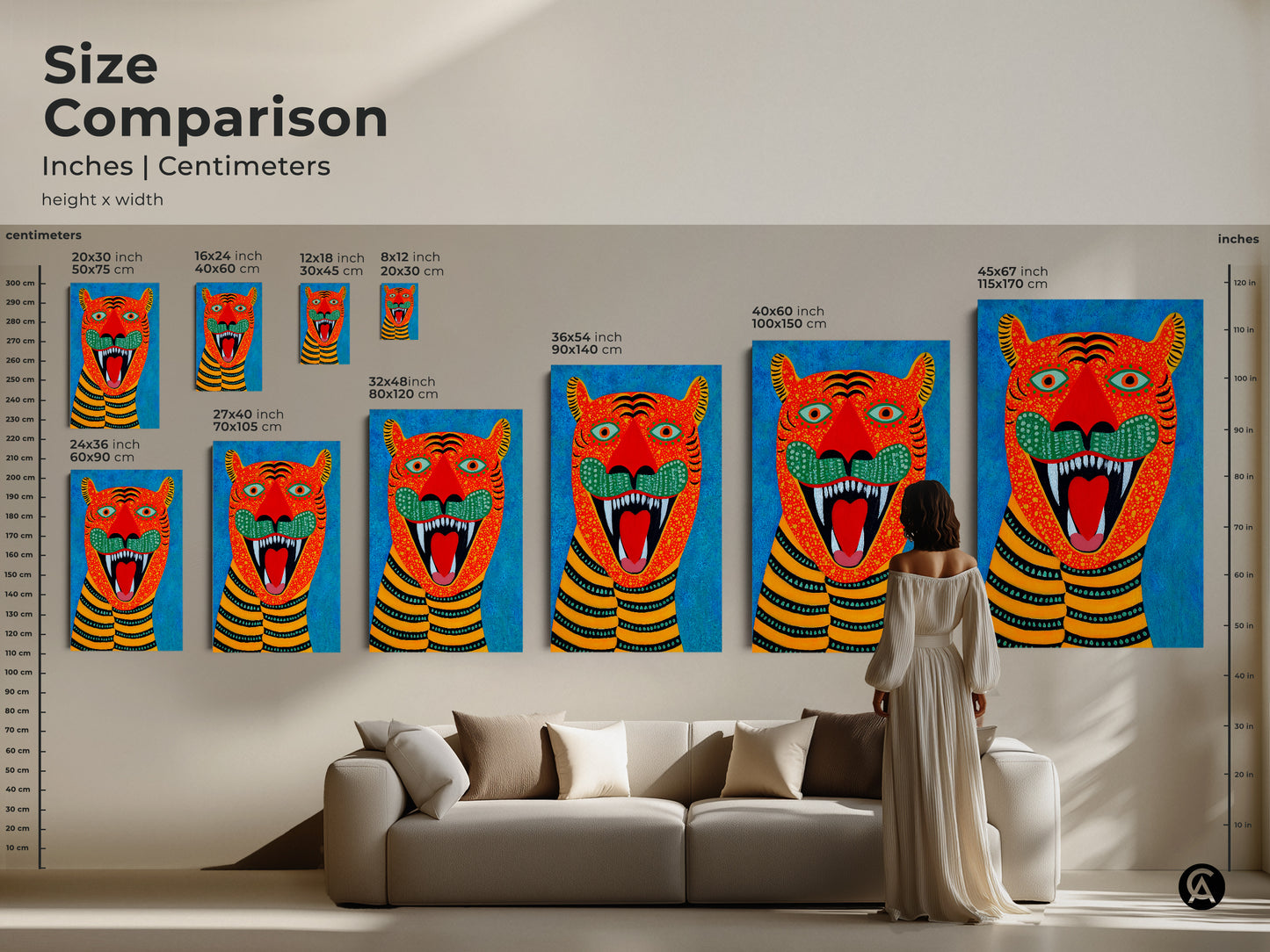 Size comparison showcases folk art tiger artwork in inches and centimeters. The naive art animal print ranges from small to large. See how it complements your living room decor. Perfect for animal lovers.