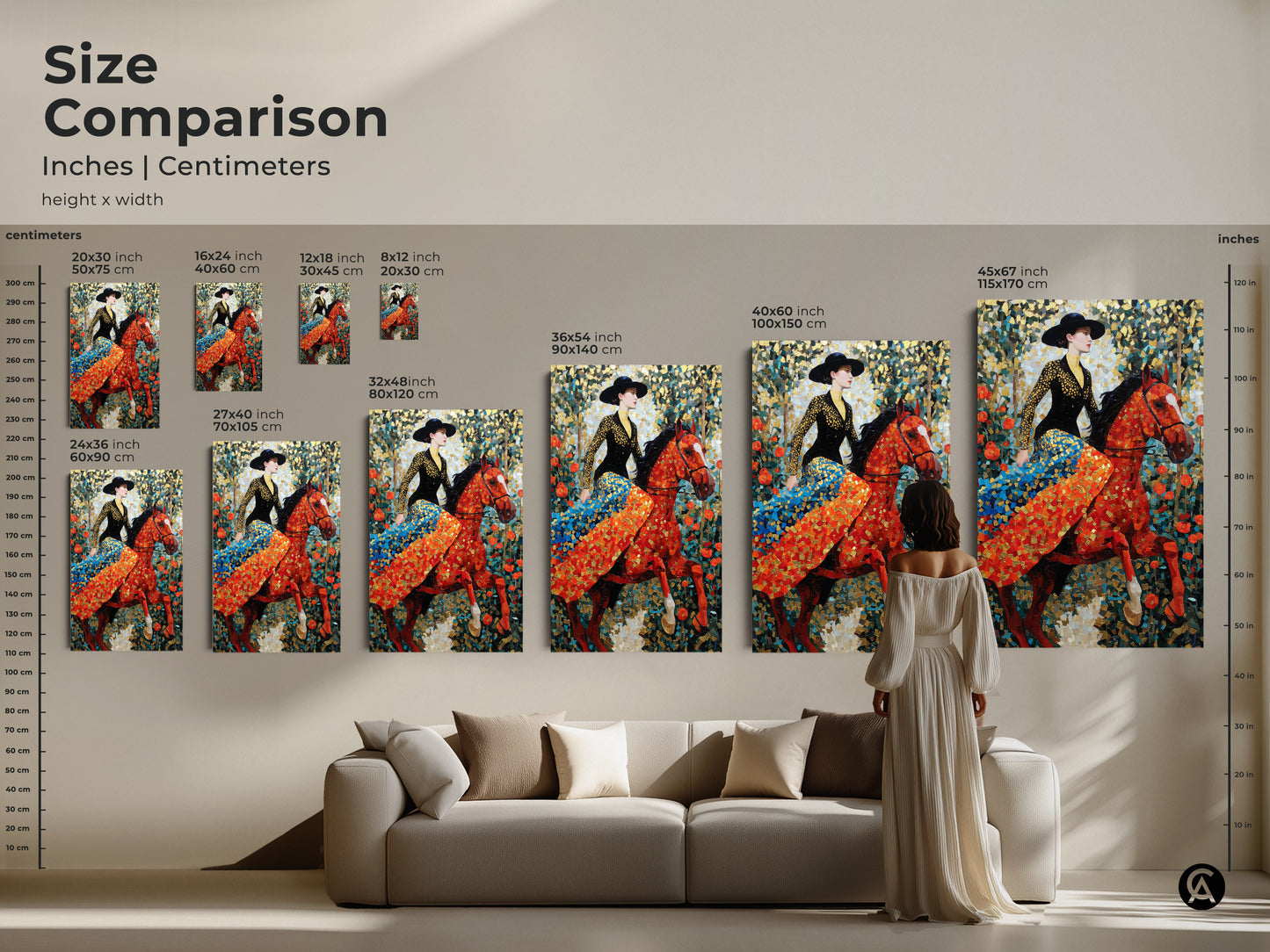 Compare sizes of this stunning artwork. Visualize the inches and centimeters dimensions. See how it fits above a sofa. This woman on horse artwork adds color to any wall. This unique mosaic painting is a great artistic home decor gift.
