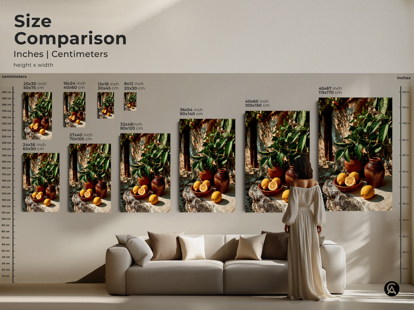 A farmhouse style kitchen wall art piece. This botanical print features lemons and terracotta vases. The rustic Mediterranean artwork uses yellow and green colors. Enhance your home decor with this art.
