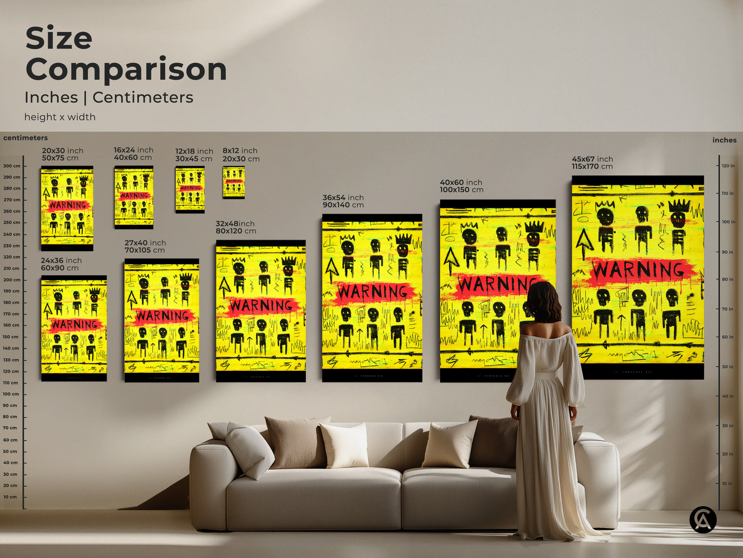 Size comparison of yellow and black graffiti artwork. See the neo-expressionism canvas in various sizes. From 20x30 cm to 45x67 inch. Visualize the art in a living room setting. Find the perfect scale for your abstract street art print. Enhance your eclectic home decor.