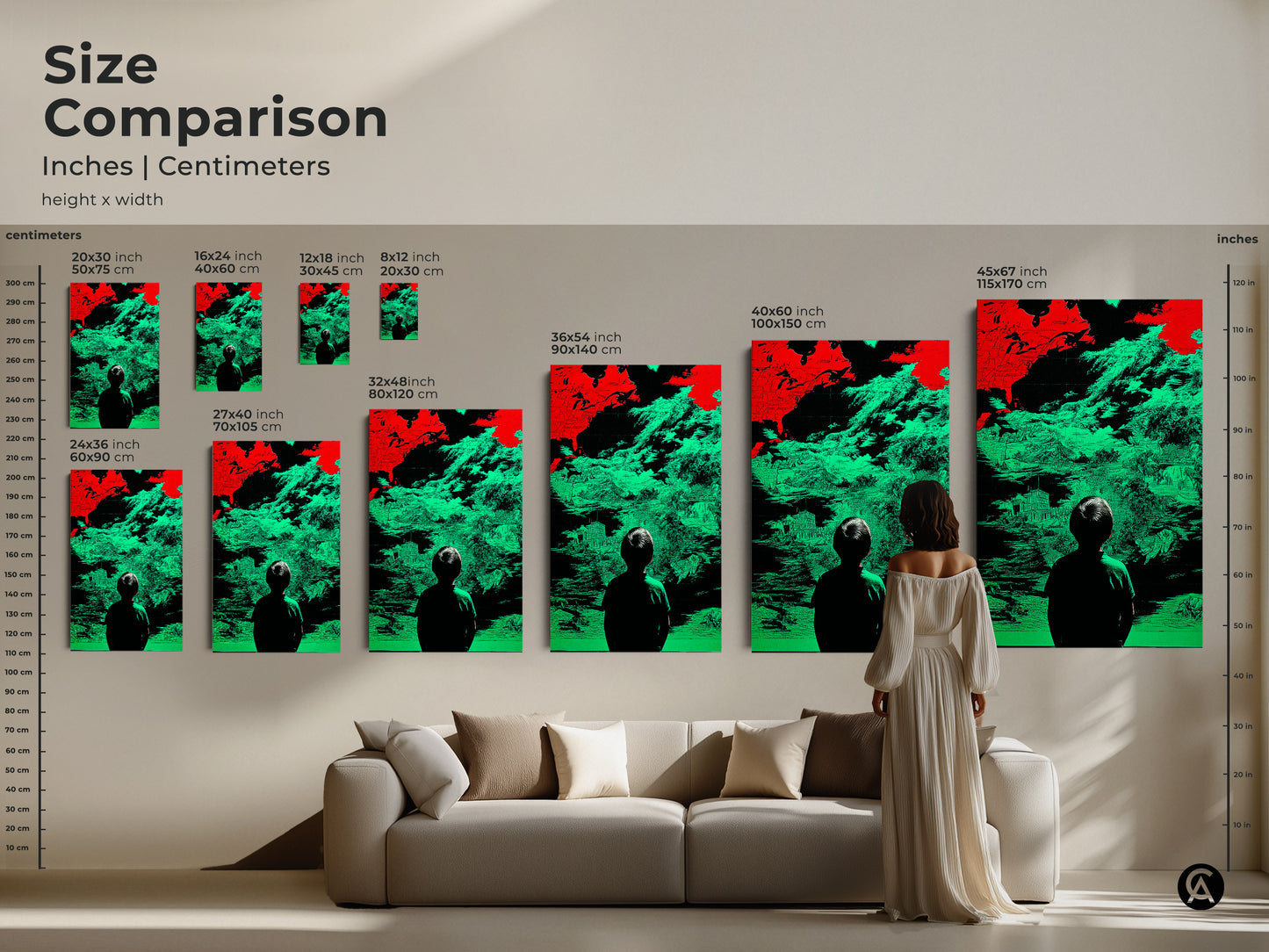 Size comparison of surreal abstract map wall art in inches and centimeters. This artwork features a child silhouette and a red and green glitch art style. Visualize how different sizes of this conceptual figurative art will look above your sofa. The modern surrealist painting is perfect for any home.