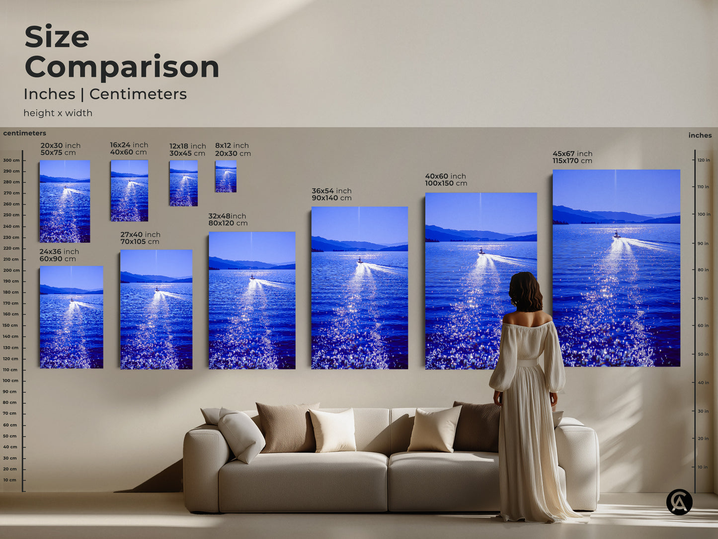 Size comparison of speedboat lake art prints in inches and centimeters. This deep blue water print makes a statement in any room. Choose the perfect size for your living room abstract art or bedroom wall hanging.
