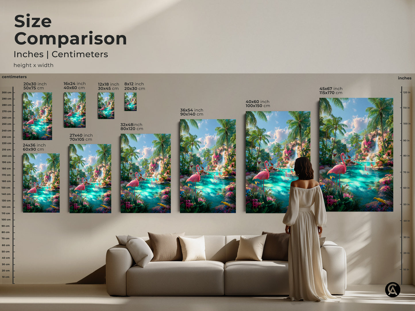 Size comparison of tropical lagoon canvas prints. See the artwork in different sizes from 8x12 to 45x67 inches. Visualize how the prints look in a living room setting. The canvas features pink flamingos in a lush tropical landscape. Perfect for adding a touch of paradise to your home.