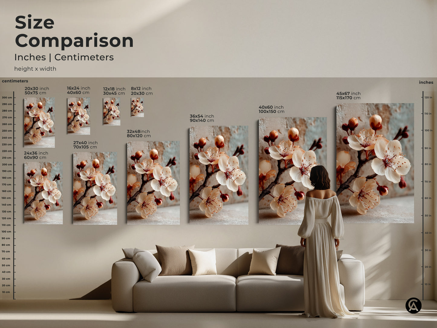 Size comparison of cherry blossom art prints in inches and centimeters. See how different sizes look above a sofa. Choose the perfect scale for your soft peach wall art.