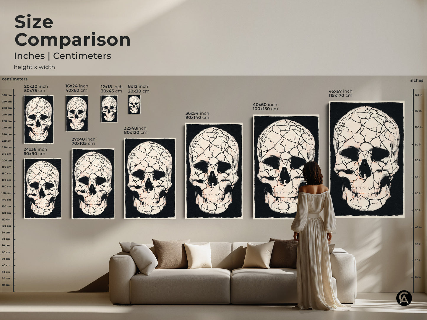 Size comparison of gothic cracked skull artwork inches and centimeters. Visualize the scale with models and furniture. Ideal macabre skull canvas art for any room. Find the perfect fit for your dark academia Halloween or eclectic gothic space.