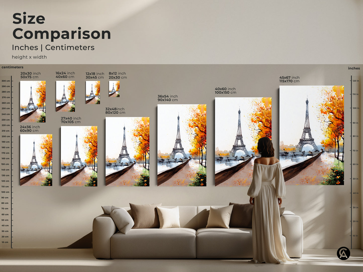 Size Comparison of the Eiffel Tower Parisian Autumn Watercolor Print in inches and centimeters. See the artwork in various sizes. It's the perfect art for above the sofa in your living room. A great home decor idea.