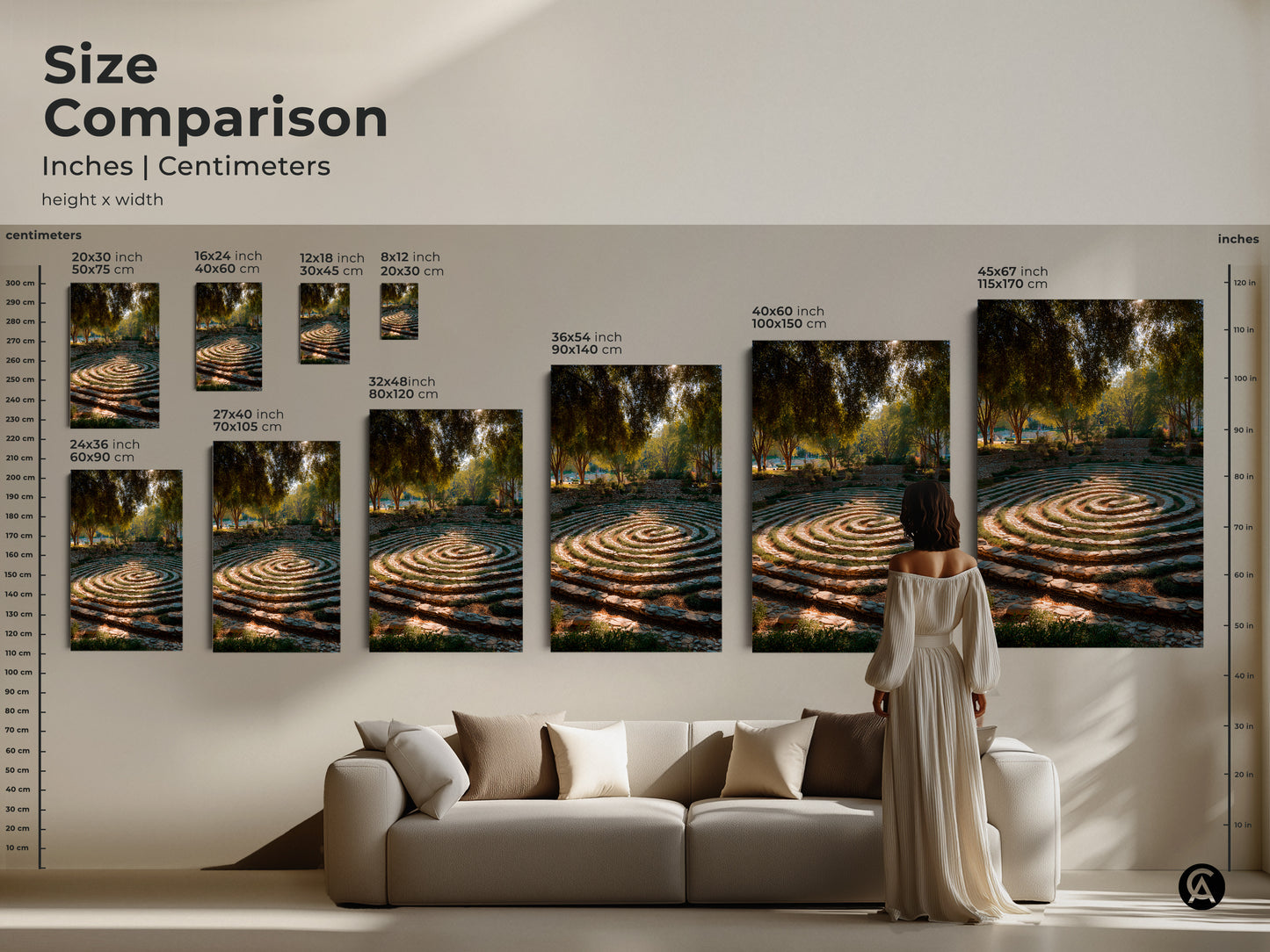 Size comparison showcases stone steps garden maze art from small to extra large. Visualize how each size fits above a sofa. This biophilic landscape art is a stunning addition to any room providing a tranquil and nature-inspired focal point.