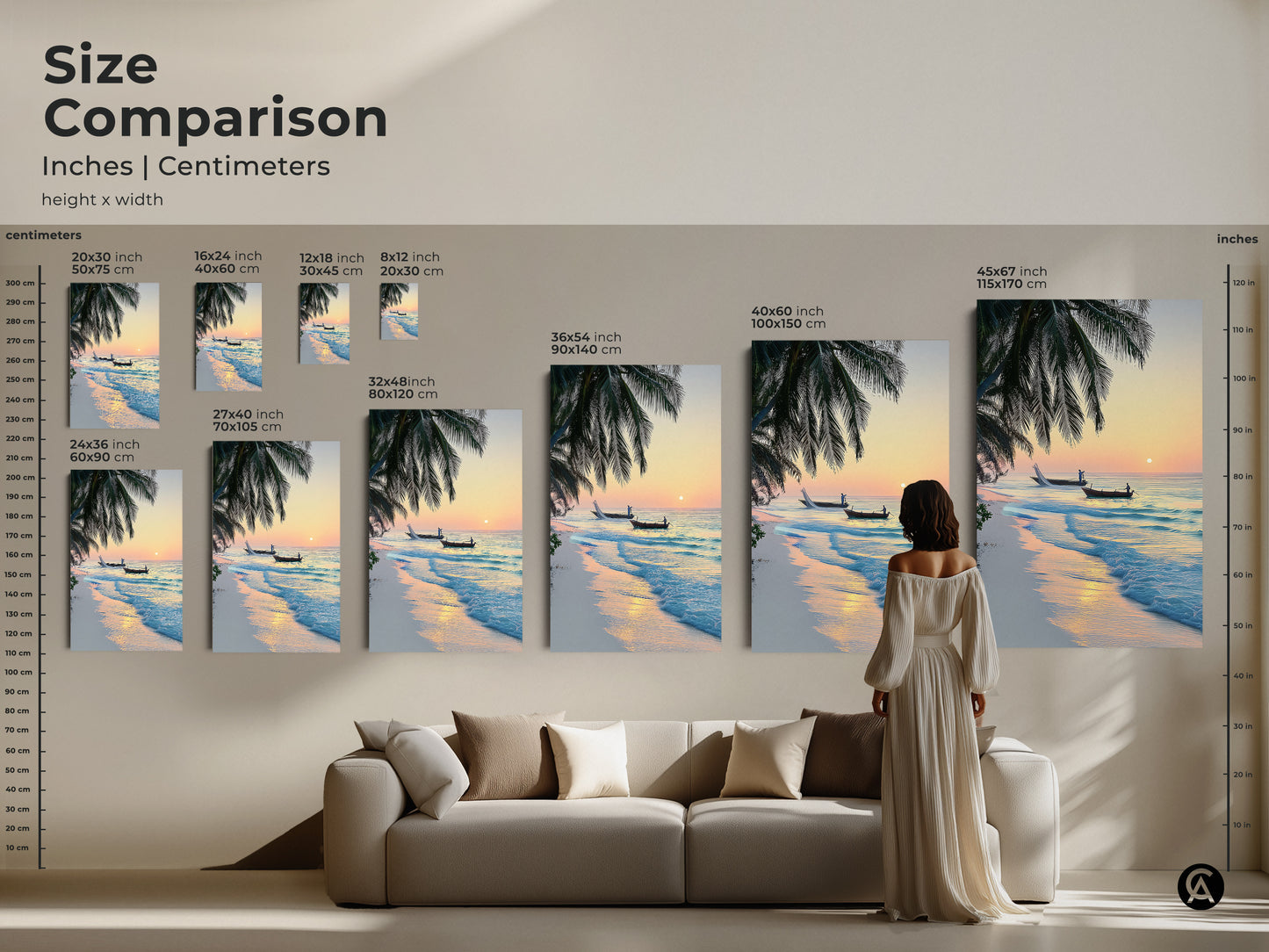 Size comparison of the tropical beach sunrise artwork in different dimensions. Visualize how each size fits in a living space with this coastal canvas print that brings a beach vibe.