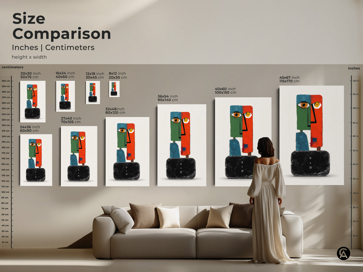 Size comparison of modern abstract face art prints. Various sizes are displayed in inches and centimeters. This surreal wall decor fits any space. The eclectic orange green teal artwork enhances living rooms. Find the ideal size for your unique home with minimalist abstract art.
