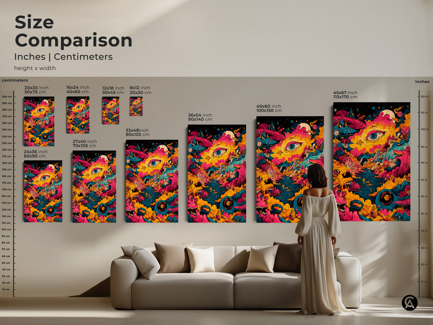 A size comparison showcasing psychedelic art prints in various dimensions. See how the artwork scales from small to extra-large. Visualize the impact of each size in a living room setting. Find the perfect size to elevate your home decor. Discover the ideal dimensions for your space.