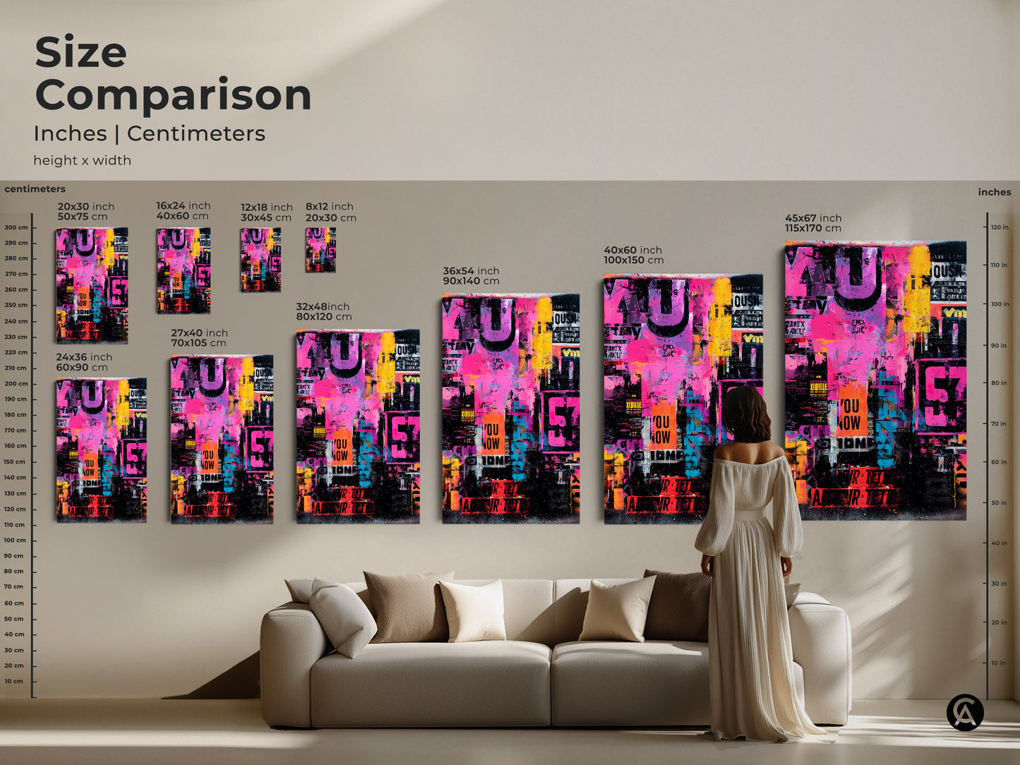 Size comparison of collage artwork prints. See various sizes in inches and centimeters. Sizes range from small to large. Find the perfect fit for your home. This artwork is modern and vibrant.