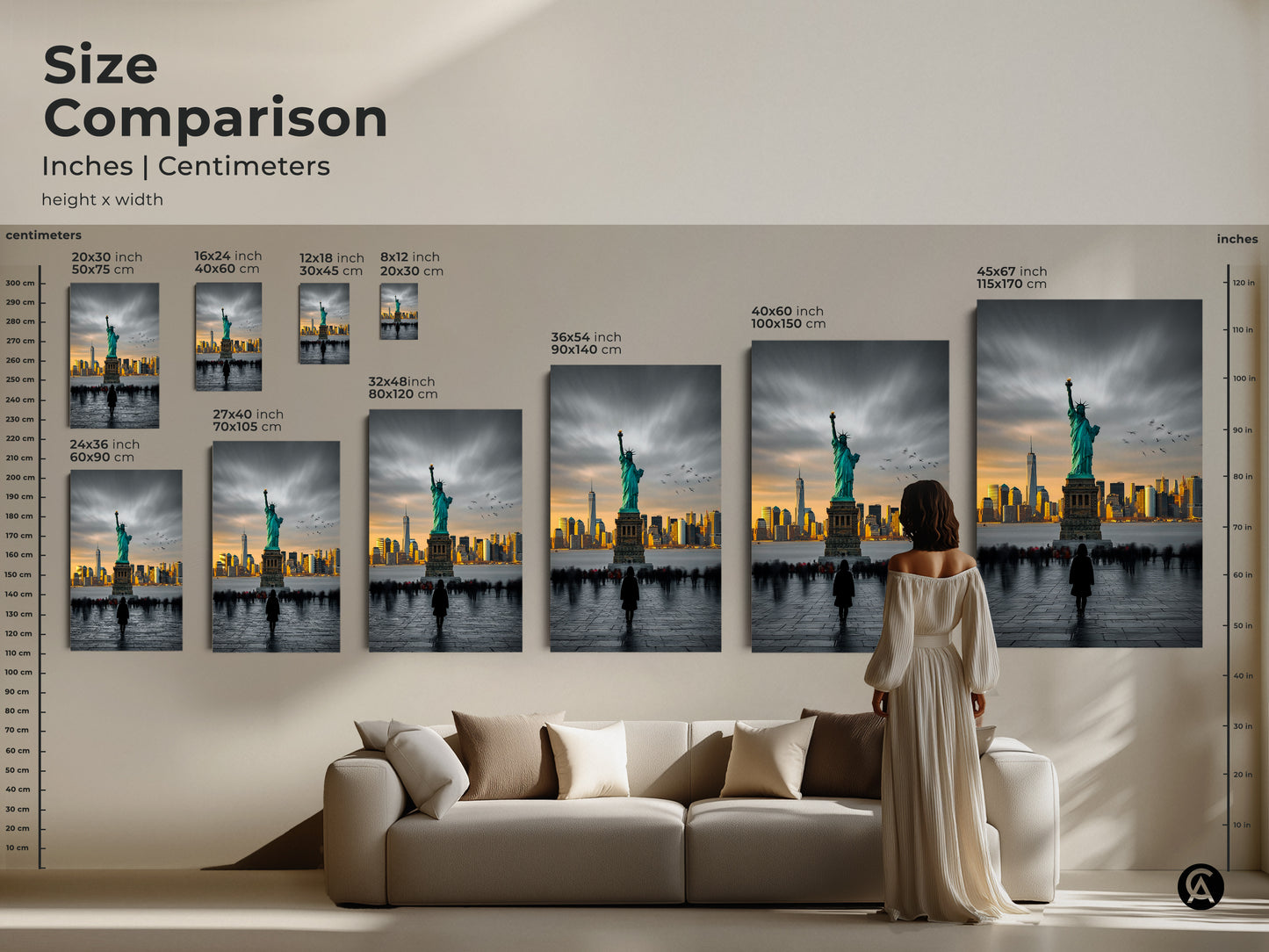 This size comparison showcases the Statue of Liberty artwork in various dimensions. Inches and centimeters are provided. The canvas print or poster option suits any room size. See the contemporary turquoise and gold cityscape. A perfect gift for NYC enthusiasts and a sophisticated wall decor.