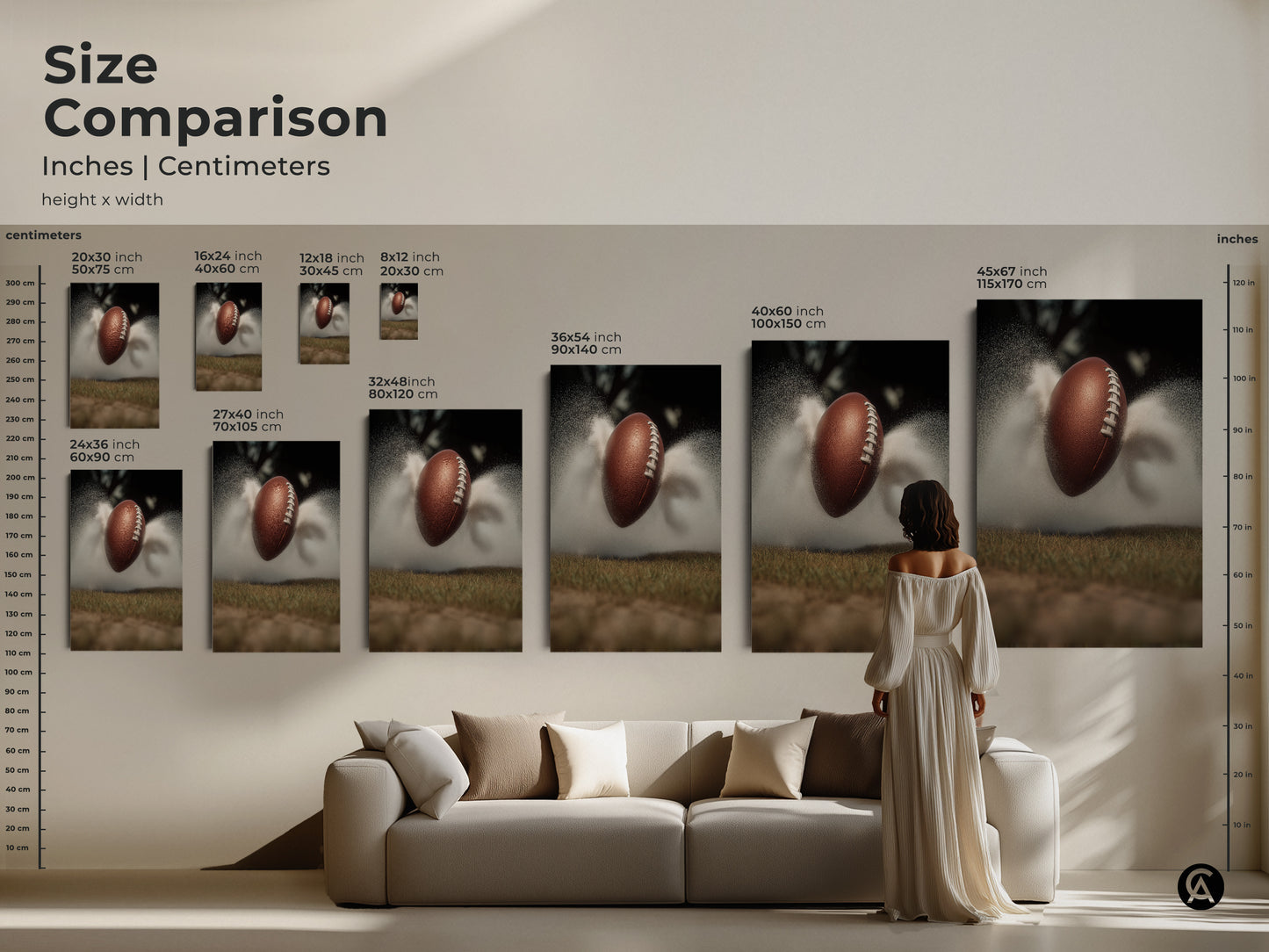 See the size comparison for this dynamic football artwork. It is available in multiple sizes. This sports action art is perfect for adding an athletic touch to any space. It makes a thoughtful gift for football enthusiasts. This modern piece enhances any living room or office.