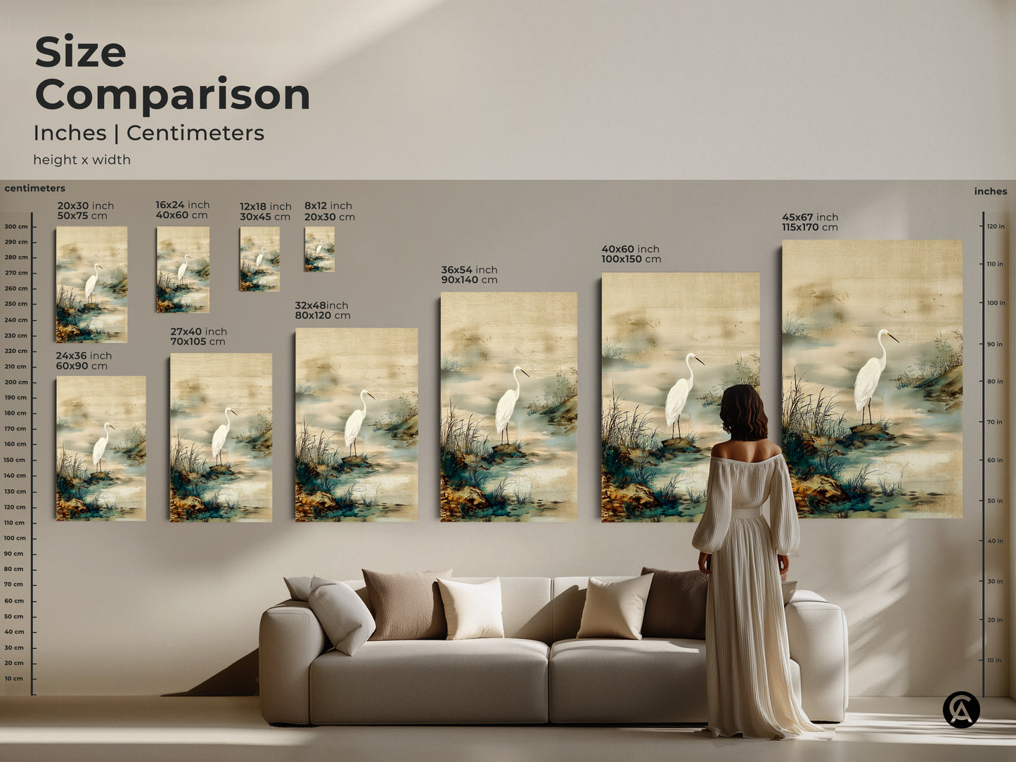 Size comparison showing an Egret bird art print above a sofa. Japandi style wall art in minimalist landscape style. A serene bird canvas art print. Enhance your living room with nature artwork.