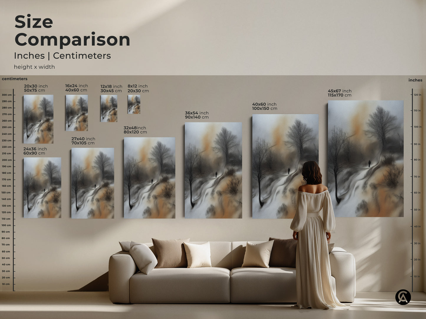 Size comparison of sepia winter landscape prints. See the art in various sizes. From small to large a solitary figure adds depth to any room. Modern canvas art.