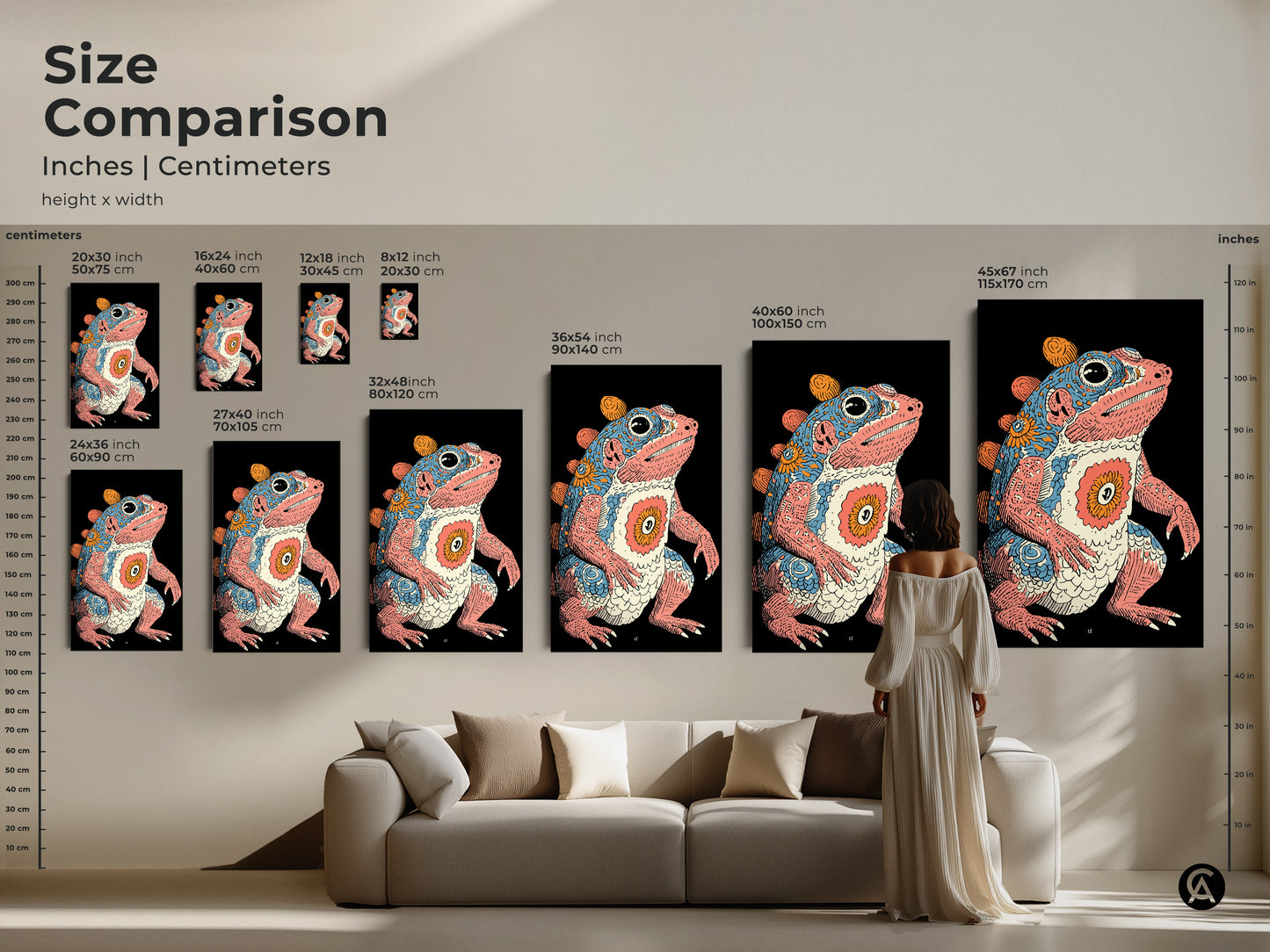 A size comparison of psychedelic frog artwork. Ranging from small to extra large this retro creature print fits any room. Visualize the scale of the fantasy amphibian poster. The pink blue and orange artwork makes an eclectic statement. Perfect for adding to any home decor.