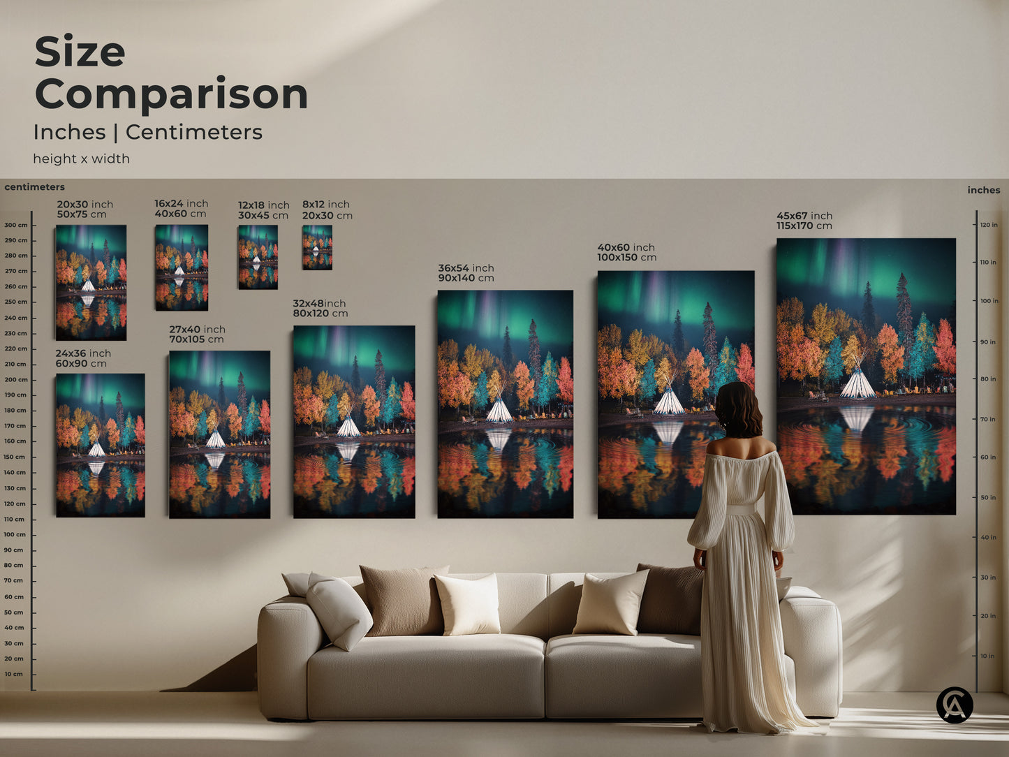 Size comparison of aurora borealis tipi camp artwork in inches and centimeters. See how different sizes fit above a sofa in a living room setting. Choose the ideal scale for your boho nature landscape canvas or poster print.