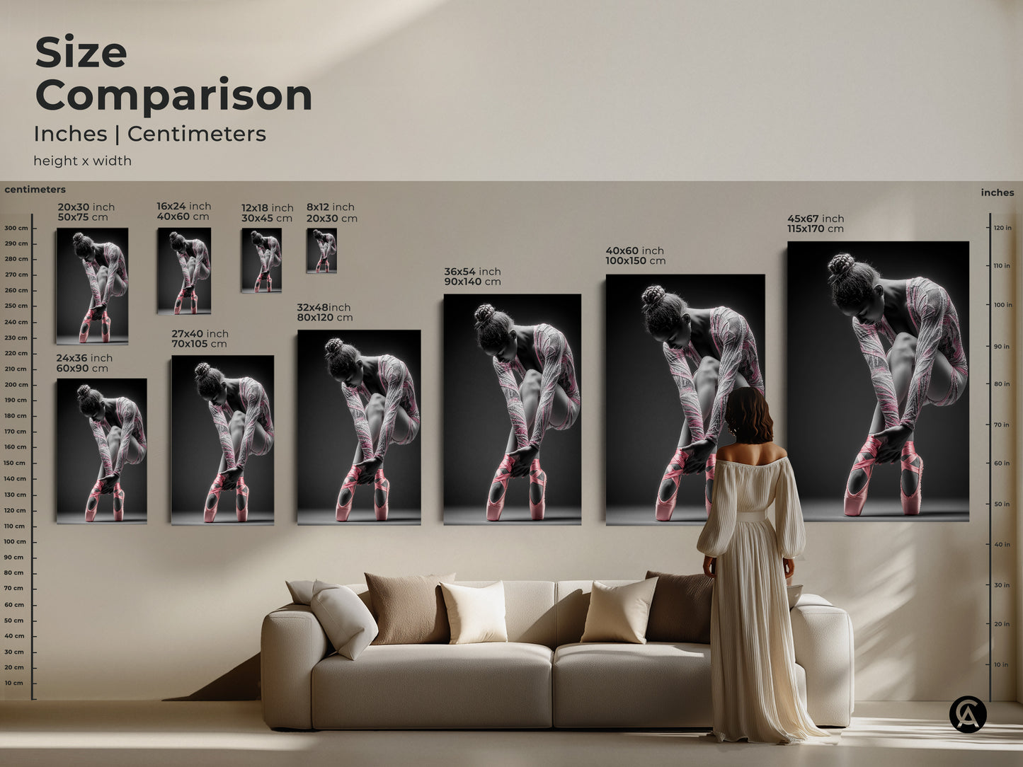 Size comparison of ballerina art prints. Inches and centimeters are shown. Find the perfect size for your space. Art sizes range from small to large. Decorate your living room with beautiful art.