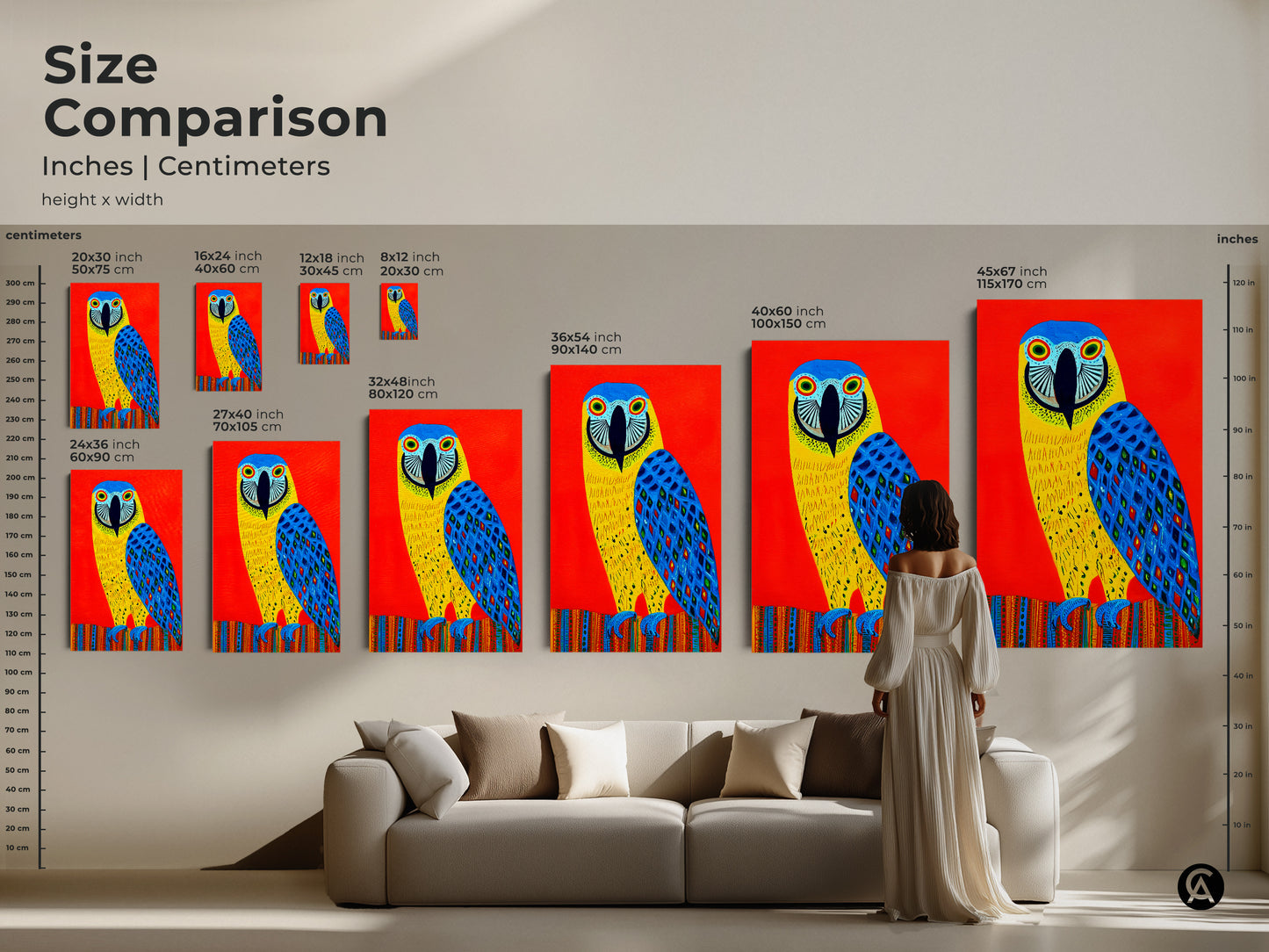 Size comparison of folk art macaw prints. Vibrant tropical bird artwork shown in various sizes. See how this colorful canvas art enhances any room setting. Perfect bird lover gift.