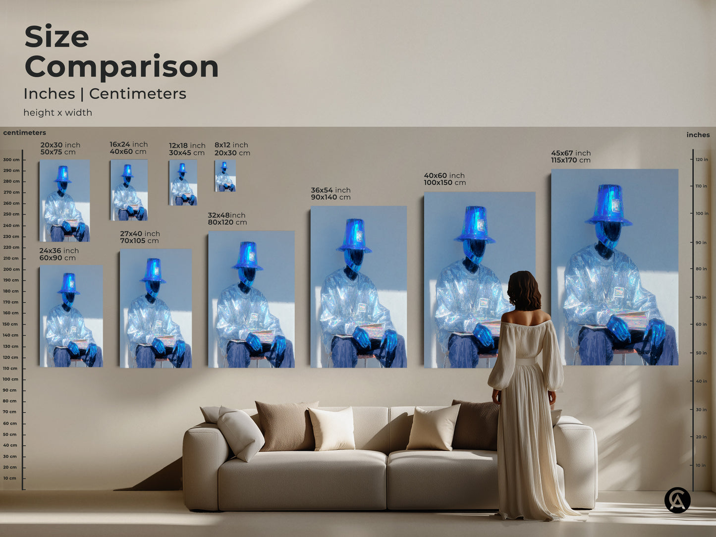 Size comparison of seated figure artwork in various dimensions. See how each size fits in a living room setting. Find the ideal artwork size to complement your home decor. Various sizes are available.