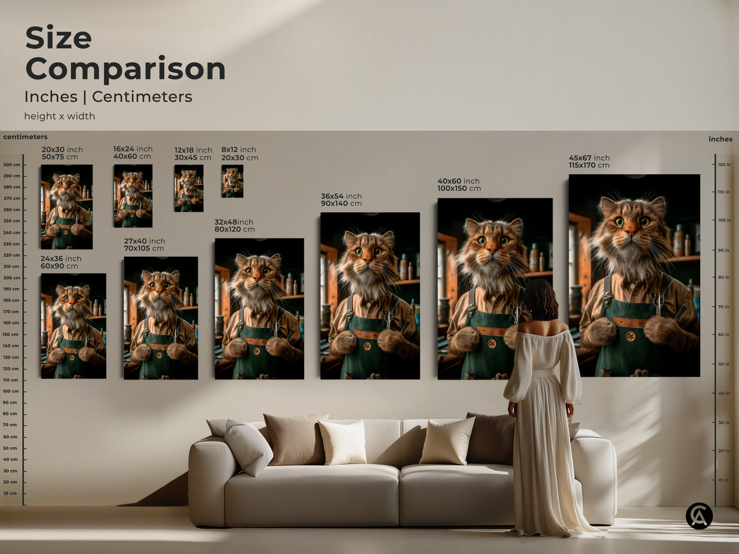 A size comparison featuring the funny cat barber artwork. Available in inches and centimeters this art piece ranges from small to large. Perfect for any space. It adds a whimsical touch to your home decor.