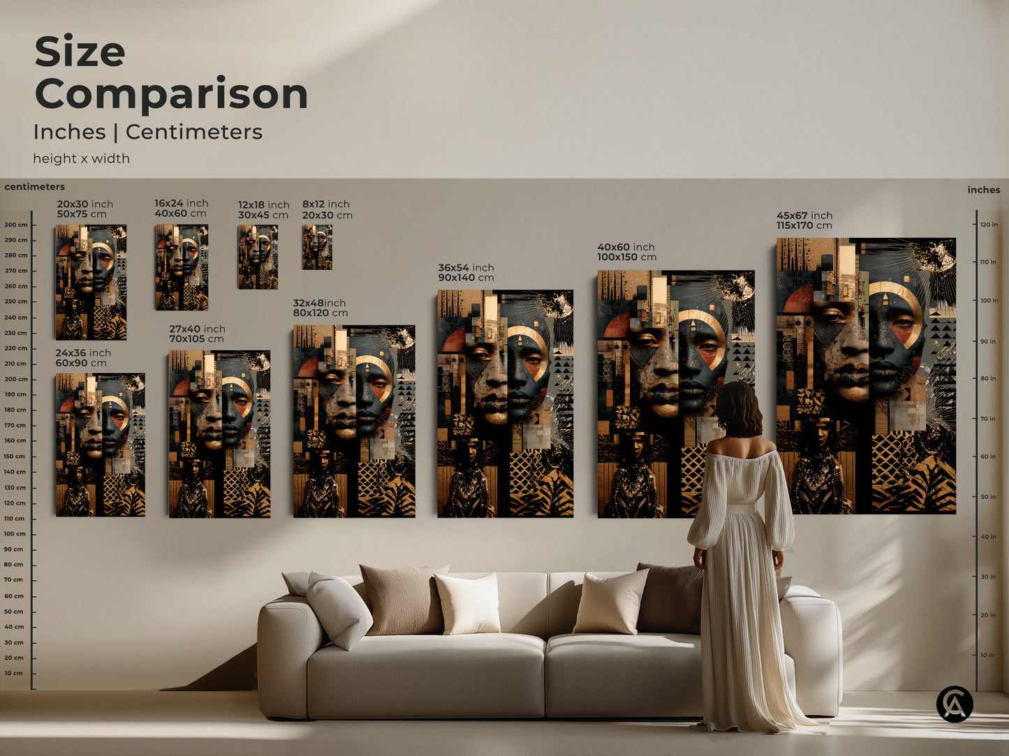 Size comparison of Afrofuturist art in inches and centimeters. See how the artwork fits above a sofa. Sizes range from 20x30 cm to 115x170 cm. Visualize the impact of this eclectic piece.