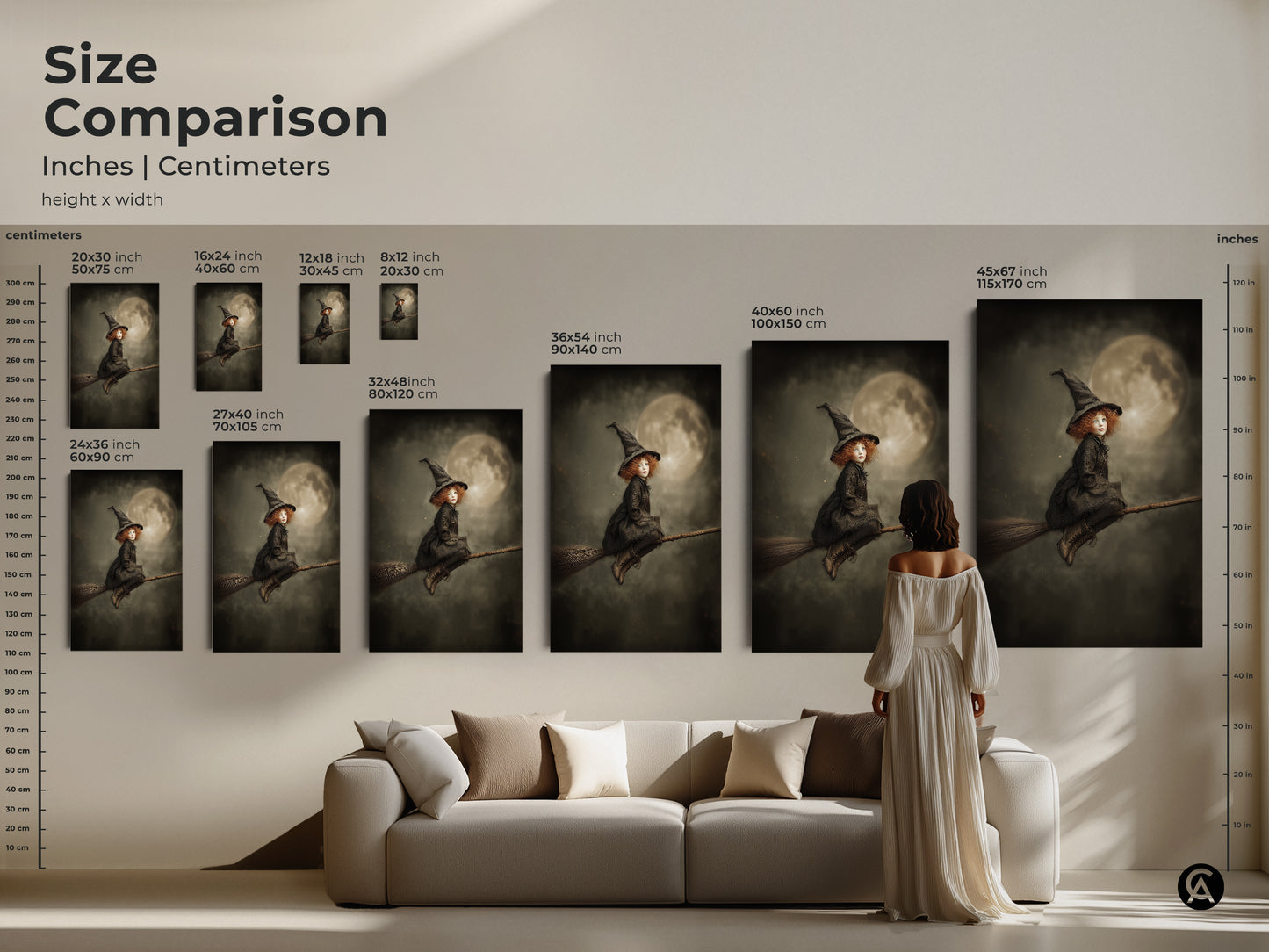 Size comparison of little witch on broomstick artwork. Inches centimeters height x width. See how it looks in different sizes. The gothic fantasy artwork is perfect for Halloween decor and kids rooms. Add a touch of magic to your space.
