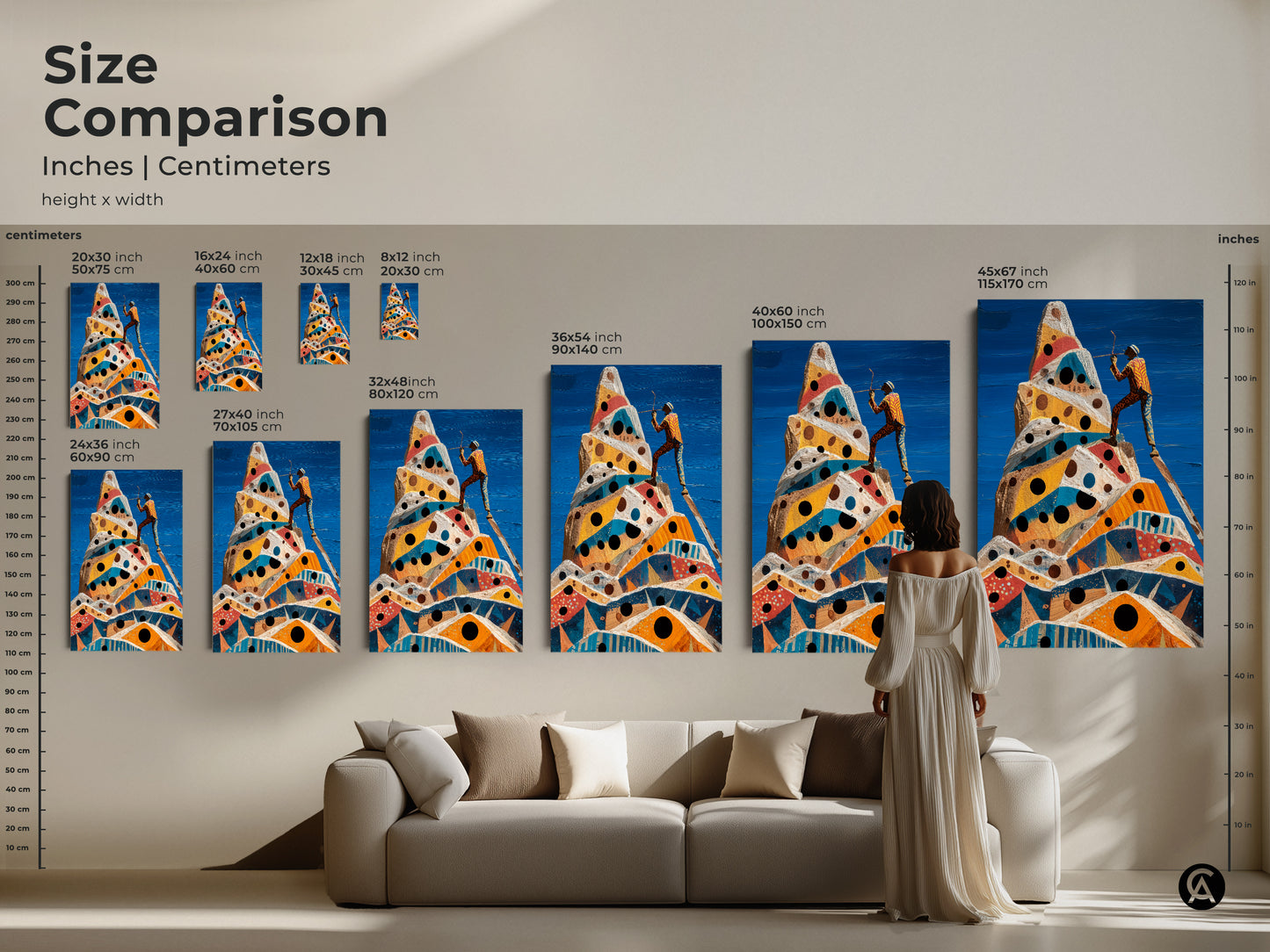 Size comparison of the surreal geometric mountain canvas art in inches and centimeters. See how 20x30 to 45x67 inch prints fit above a sofa. Eclectic cobalt blue yellow orange artwork for modern homes.