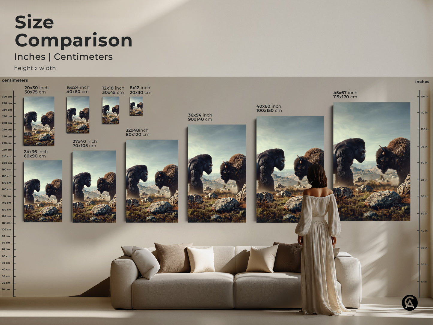 Size comparison of Gorilla and Bison art prints in inches and centimeters. Visualize the rustic wildlife canvas in various sizes above a sofa. The earth tones enhance any living space with animal kingdom art.