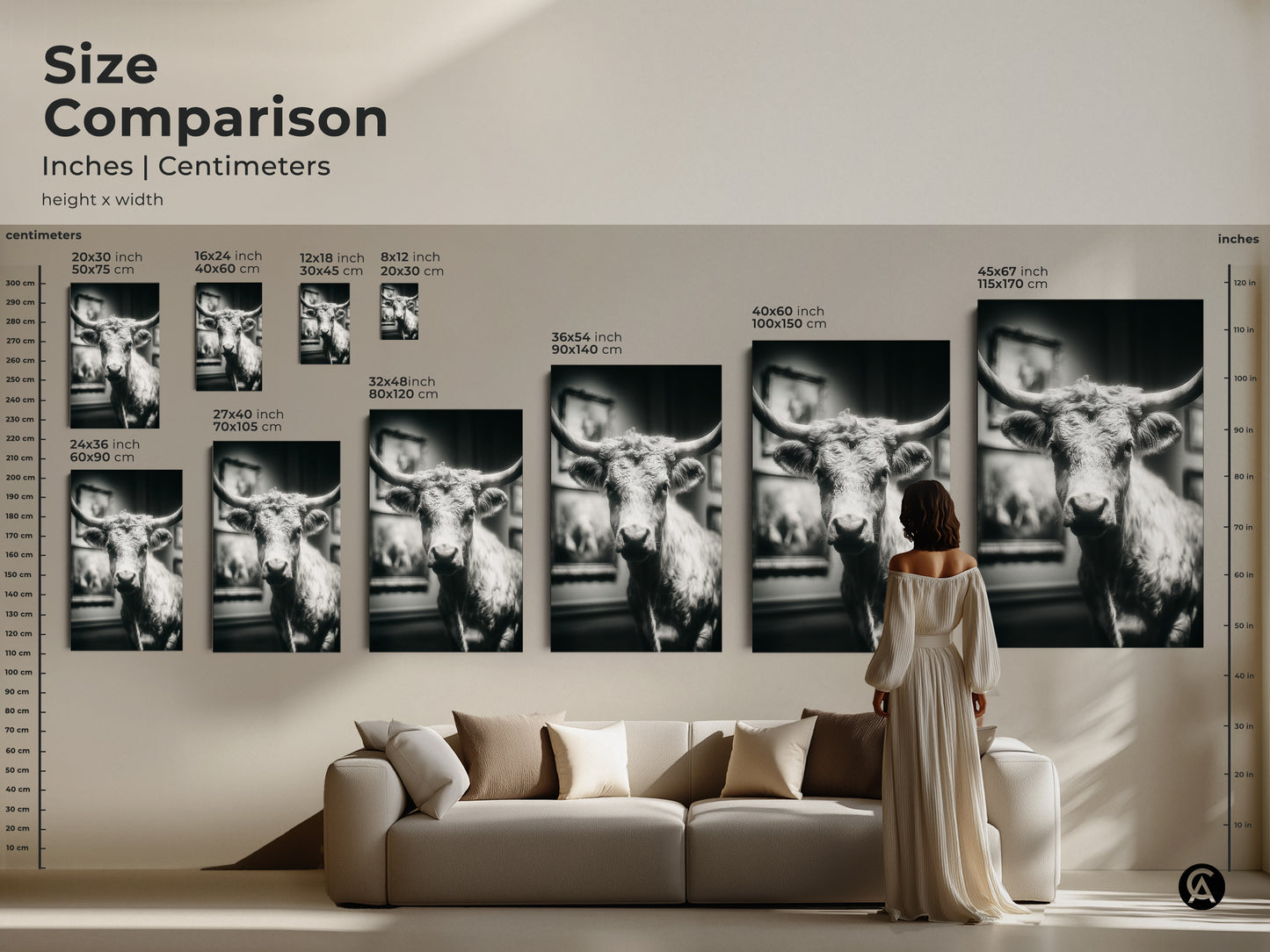 Size comparison of black and white Texas Longhorn bull artwork. Various dimensions are displayed in inches and centimeters. See how this animal art fits in a living room setting. Find the ideal size to create a stunning focal point in your home.
