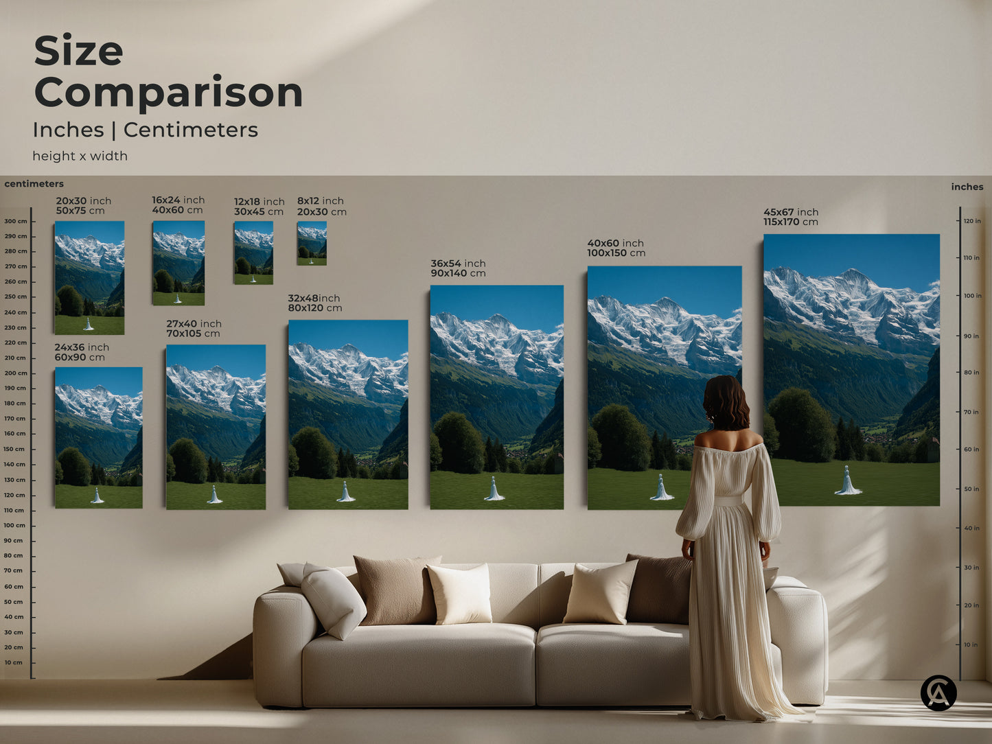 Compare sizes of this Swiss Alps landscape print. A woman stands next to various sizes of the artwork. See the scale of snowy mountains and a green meadow on a canvas. Sizes range from small to extra large. This travel nature wall art fits perfectly above any couch. Its photorealistic detail brings Scandinavian charm to any home. Inspire wanderlust